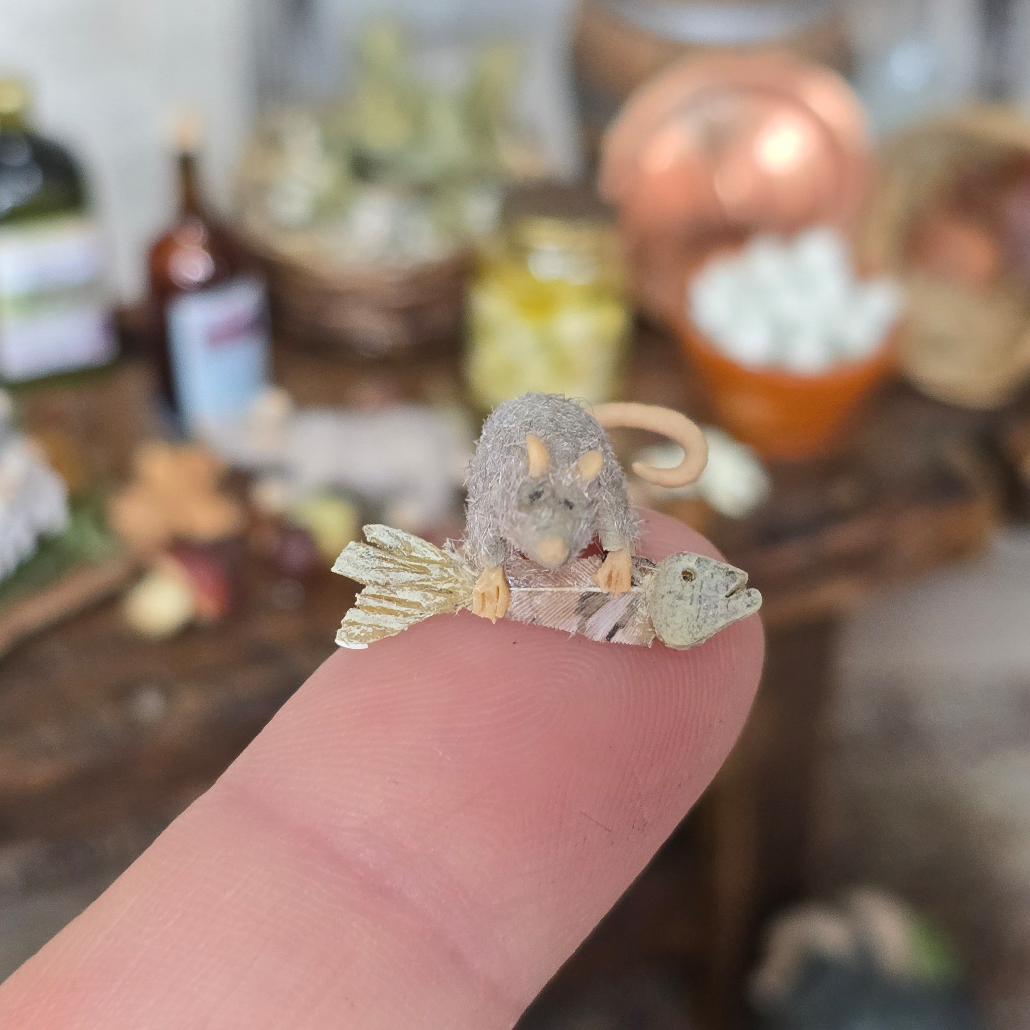 Miniature Rat with Fish OOAK Hand-Sculpted Clay Dollhouse Animal Figure