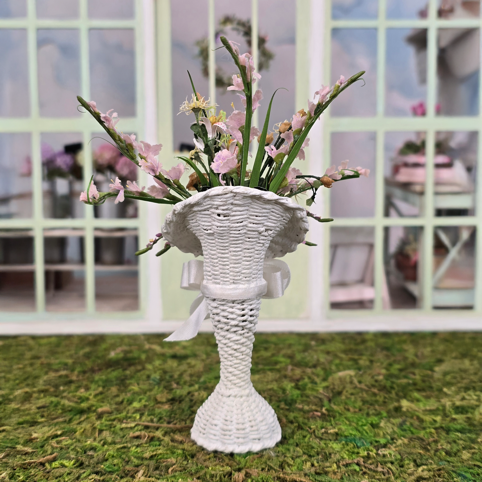 Pretty Pastel Gladiolus Arrangement in Victorian White Wicker Plant Stand