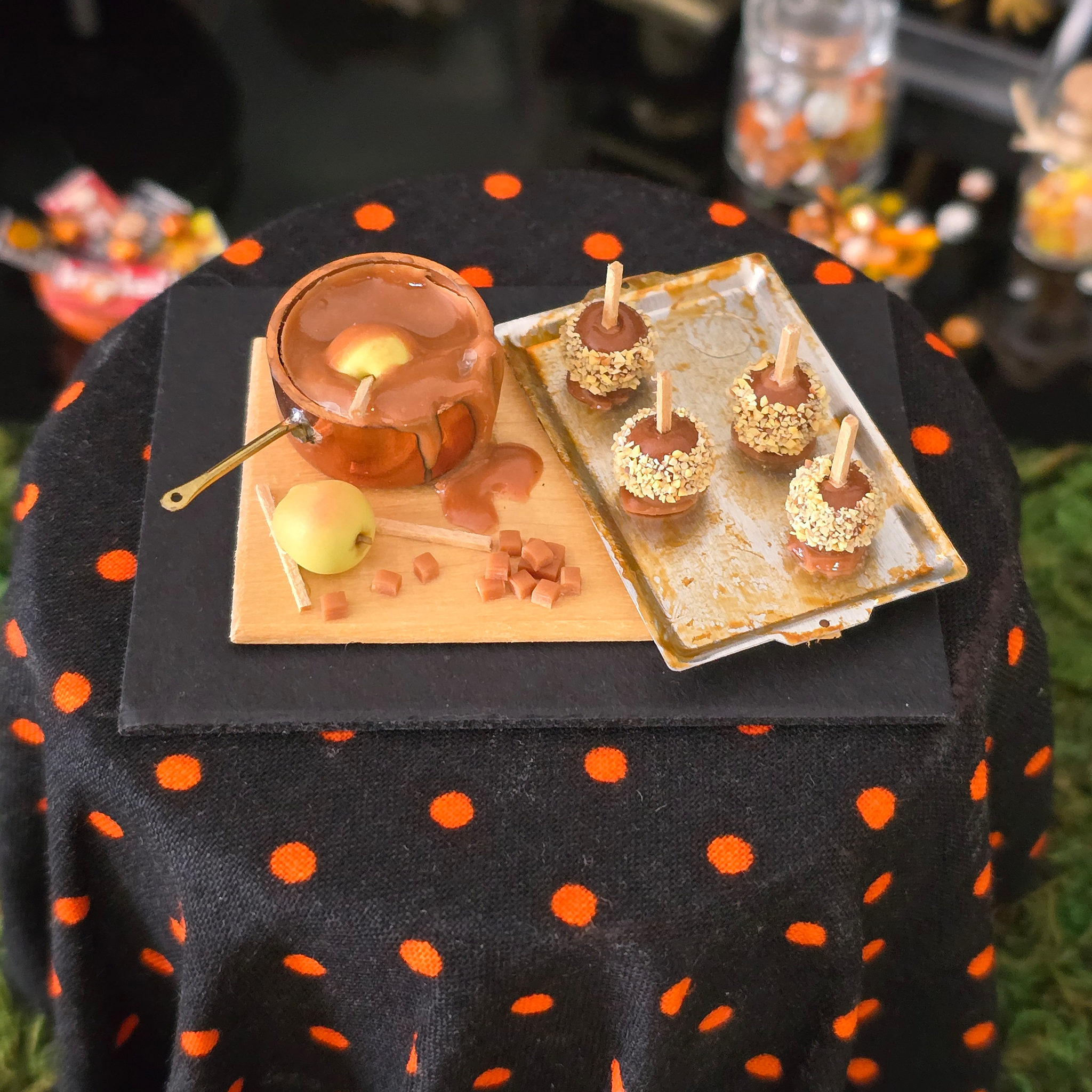 Seasonal Halloween Fall OOAK Sculpted Clay Baking Board Diorama Caramel Apple Making