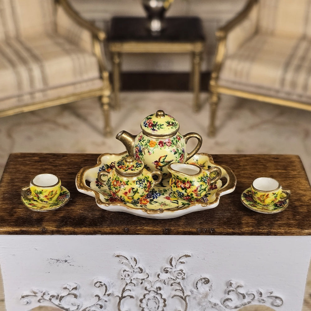 Exquisite OOAK Yellow Chintz Bird Porcelain Tea Service Dollhouse Miniature Set