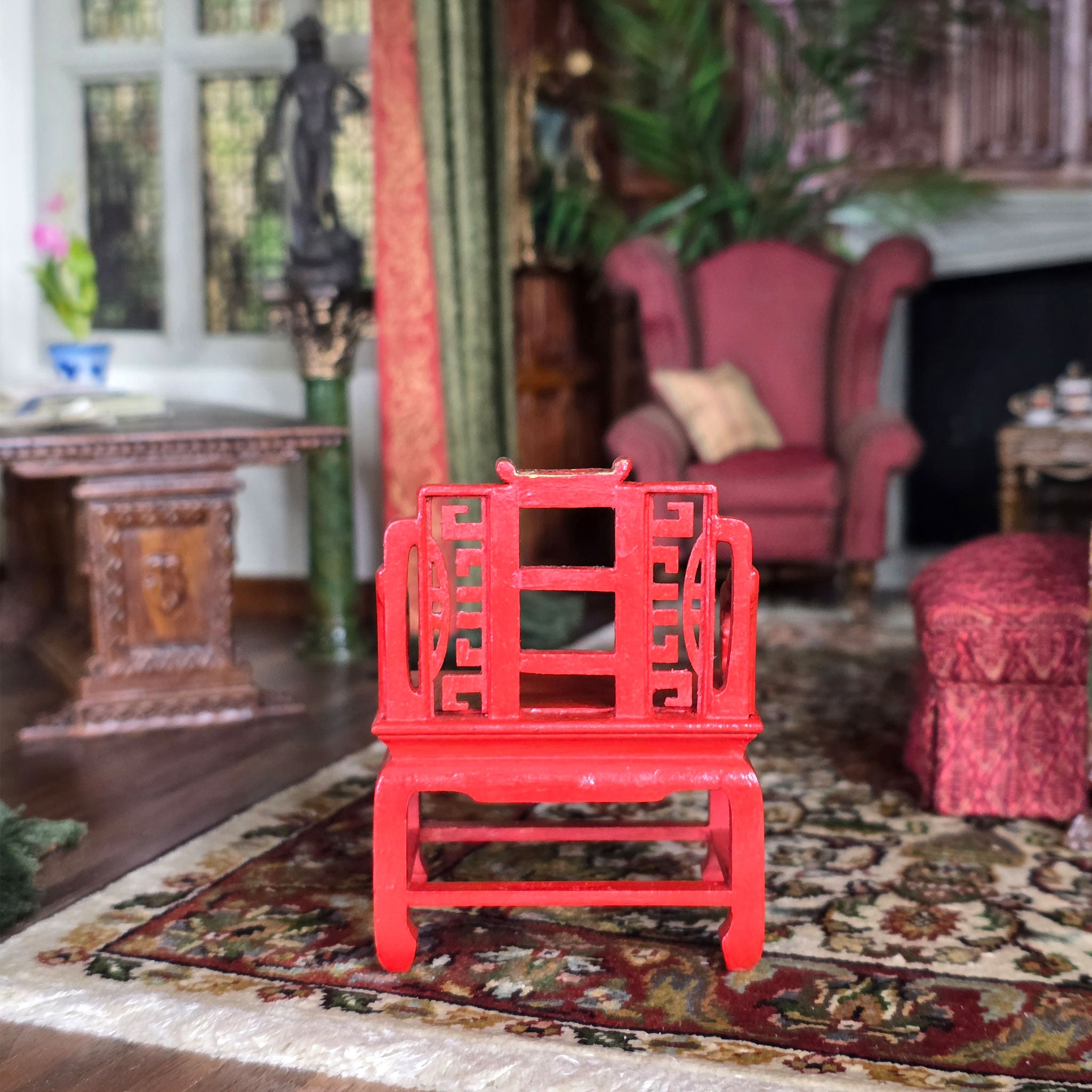 SIGNED Gilt Red Lacquer Chinese Asian Hand Carved Wood Arm Chair (A)