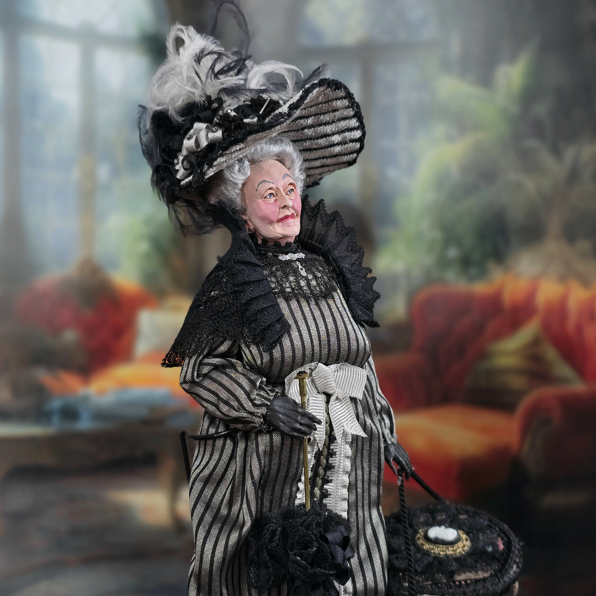 RESERVED FOR RICK: Victorian Lady Silver Black Silk Gown & Hatbox Original Marcia Backstrom Dollhouse Doll