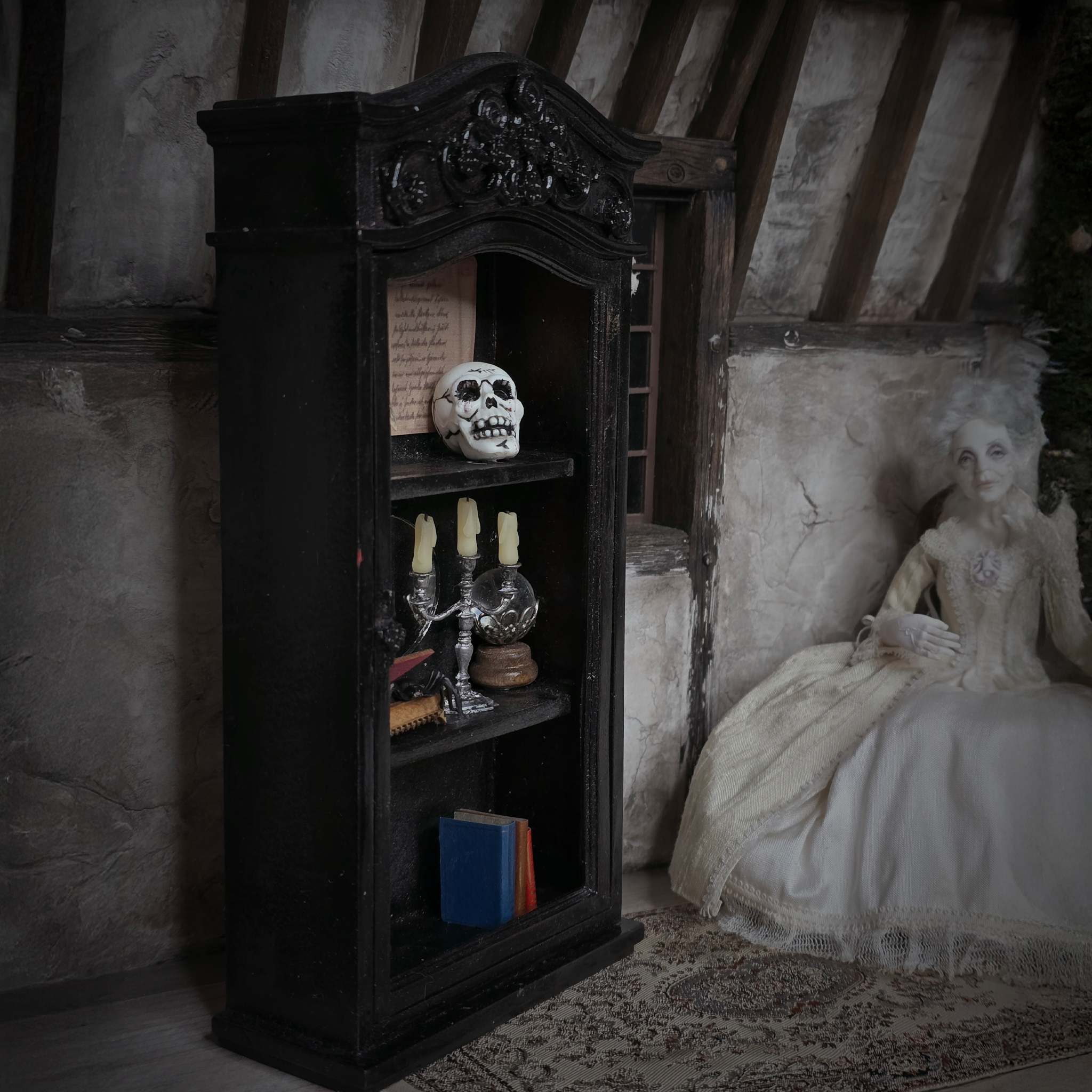 Dressed Wooden Halloween Spooky Bookcase Diorama Miniature Haunted Cabinet with Magical Contents