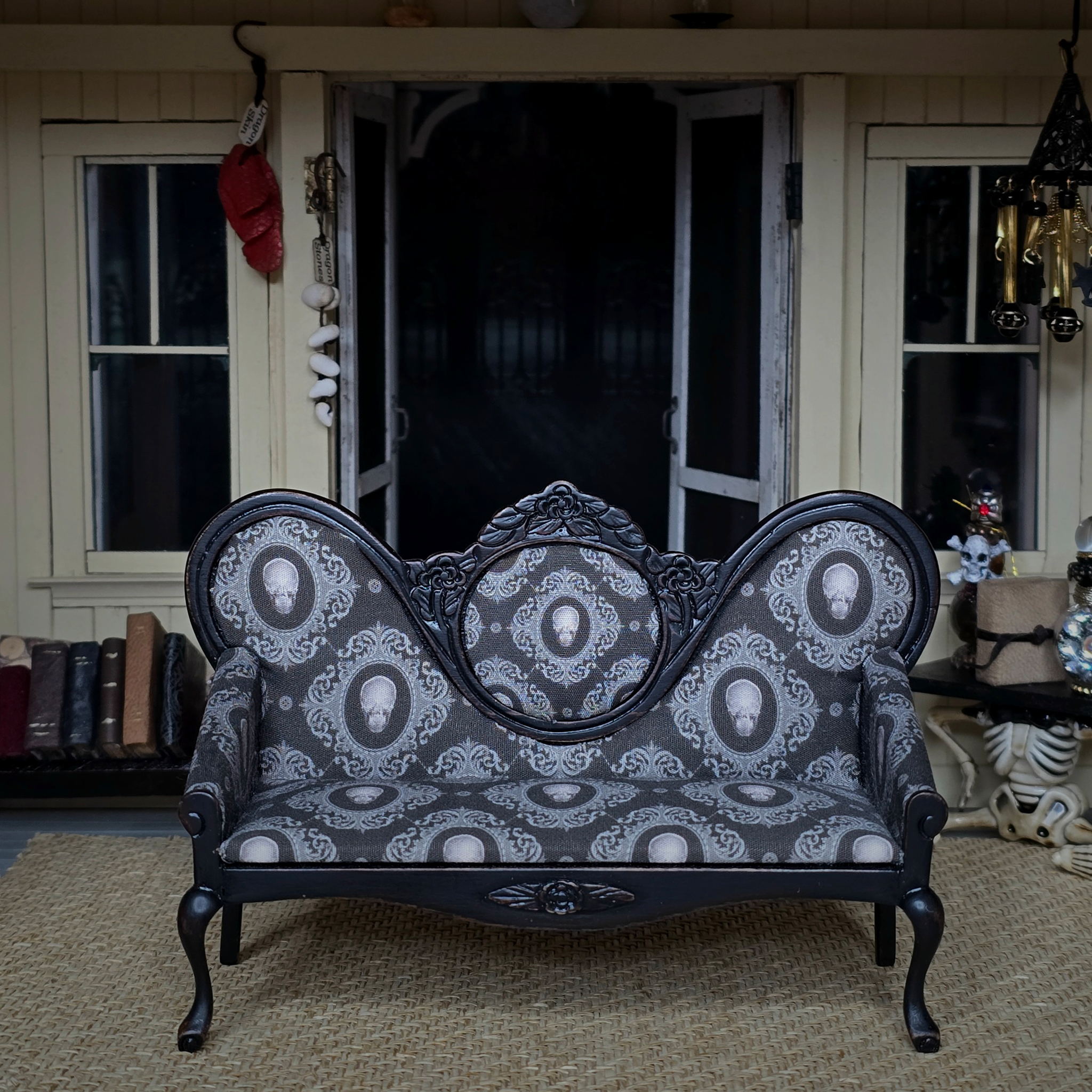 OOAK Upholstered Halloween Skull Gothic Black Victorian Settee Signed W. Krenzke