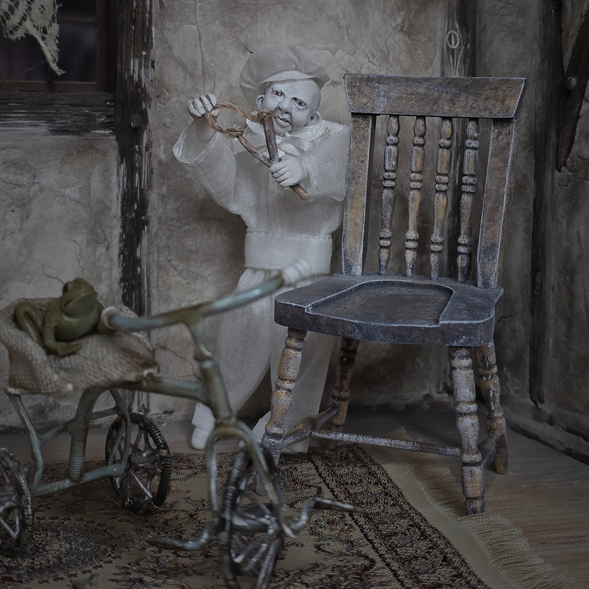 Edwardian Boy Ghost Doll OOAK Haunted Miniature Child with Slingshot & Chair by Pat Benedict