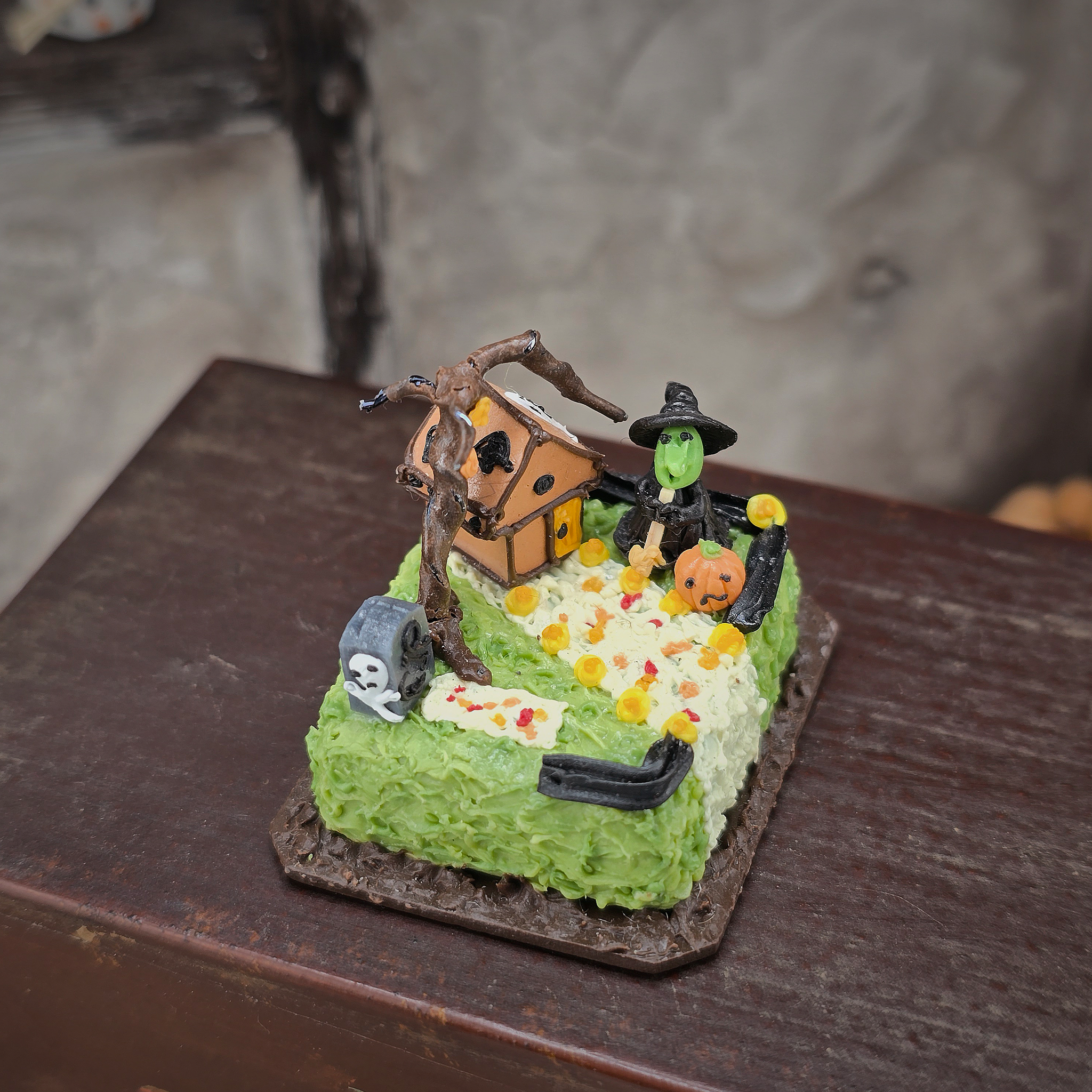 Halloween Cake OOAK Miniature with Haunted House, Tombstone, Pumpkin & Witch Fall Decor