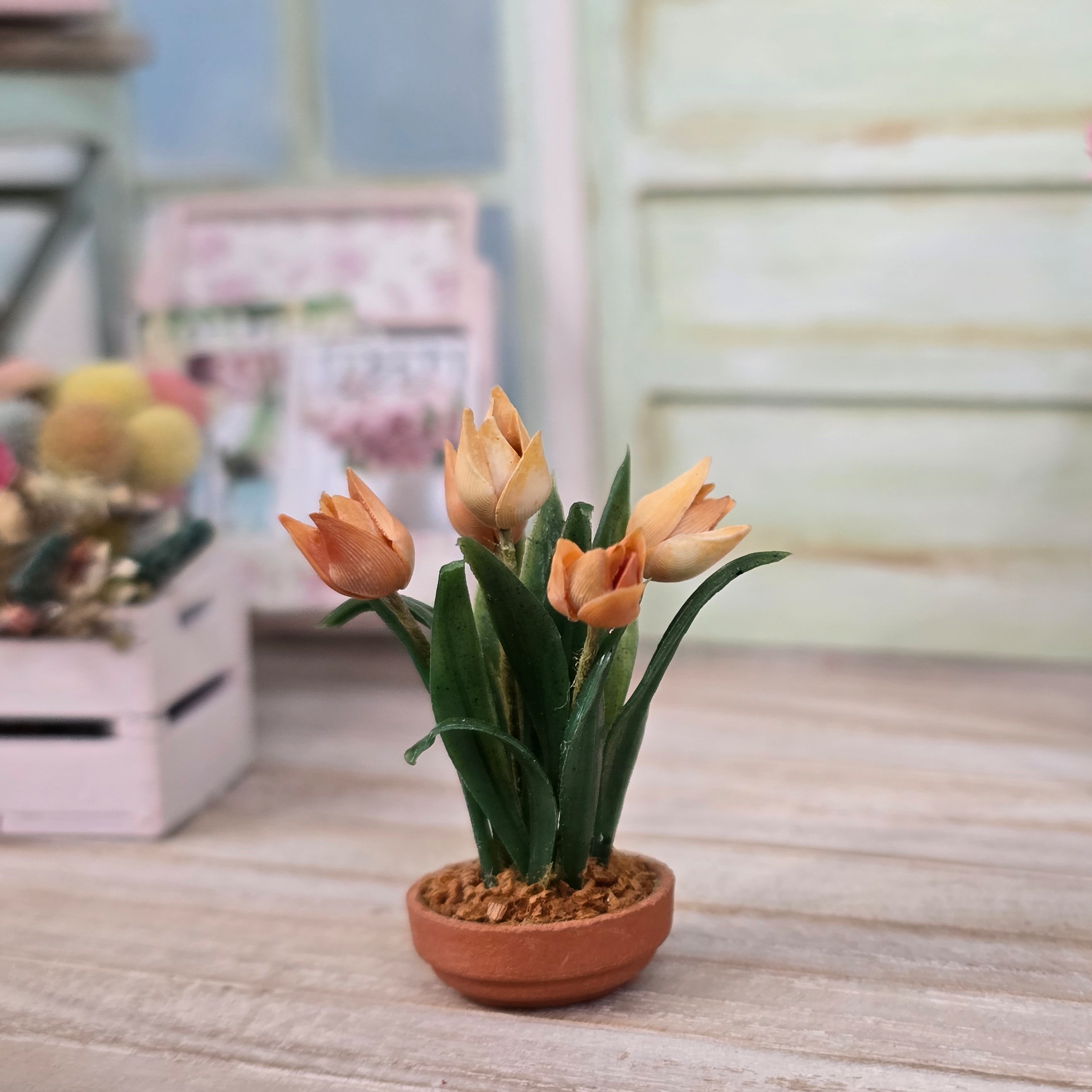 Potted Peach Tulips Hand Sculpted Clay Flowers in Planter Vintage Artisan