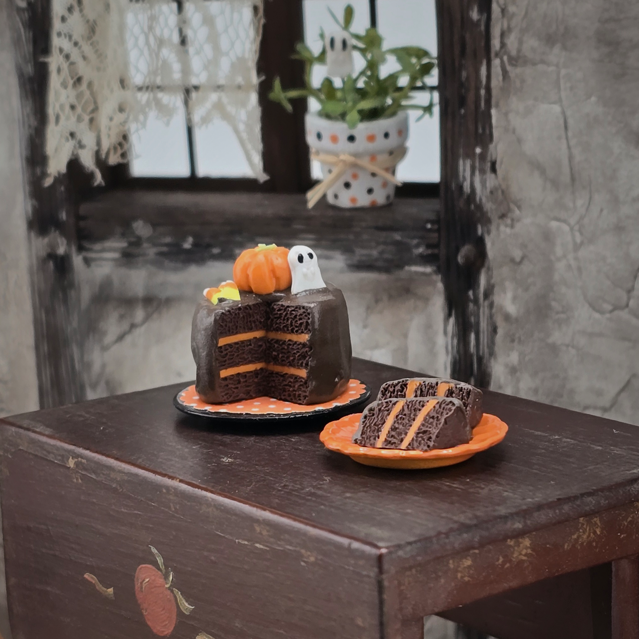 Halloween Ghost & Pumpkin Chocolate Cake OOAK Dessert & Extra Slice