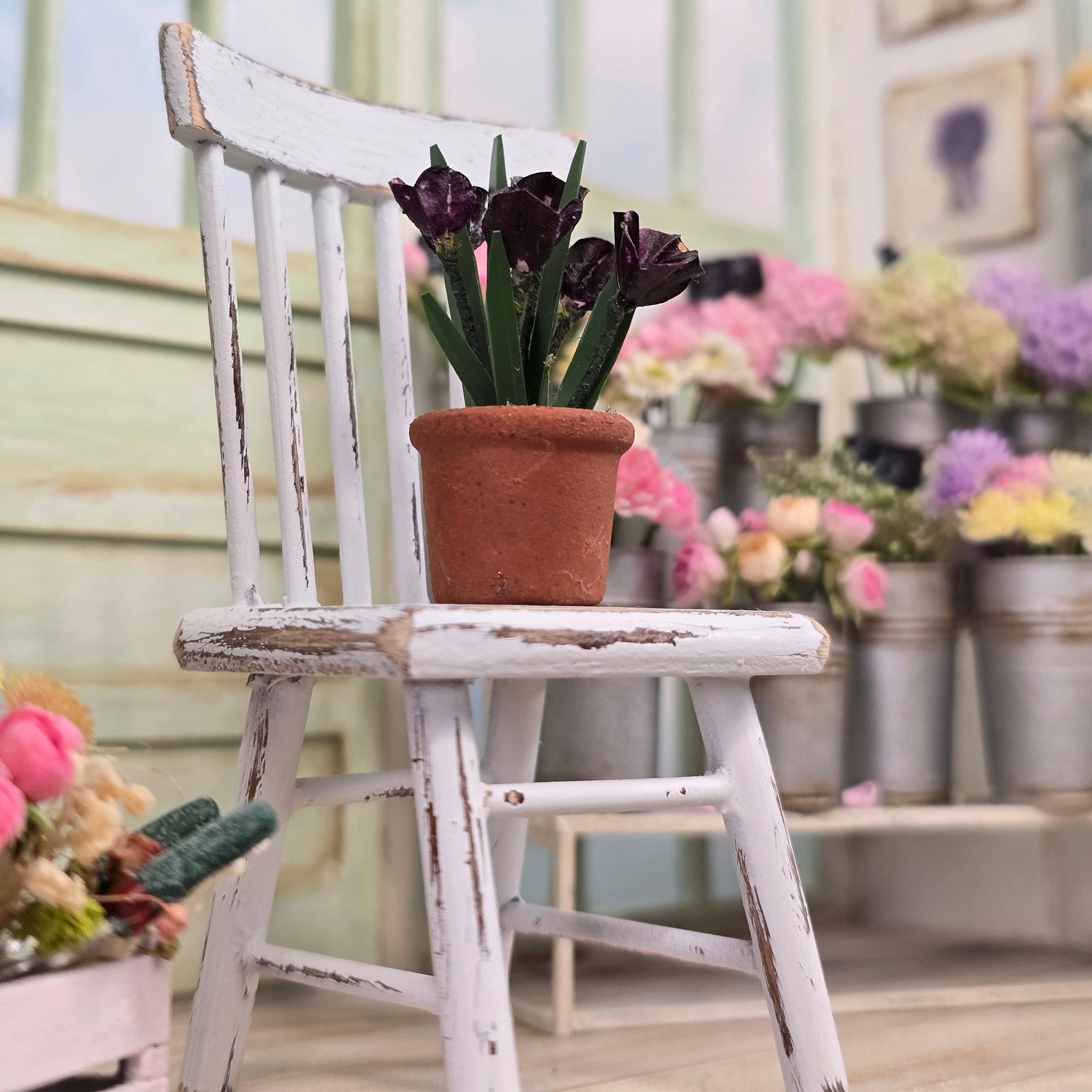 Potted Dark Purple Tulips Flowers in Planter Pot Vintage Artisan