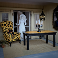 Load image into Gallery viewer, Kris Compas Yellow & Black Upholstered Halloween Print Wing Back Armchair, Pillow & Table
