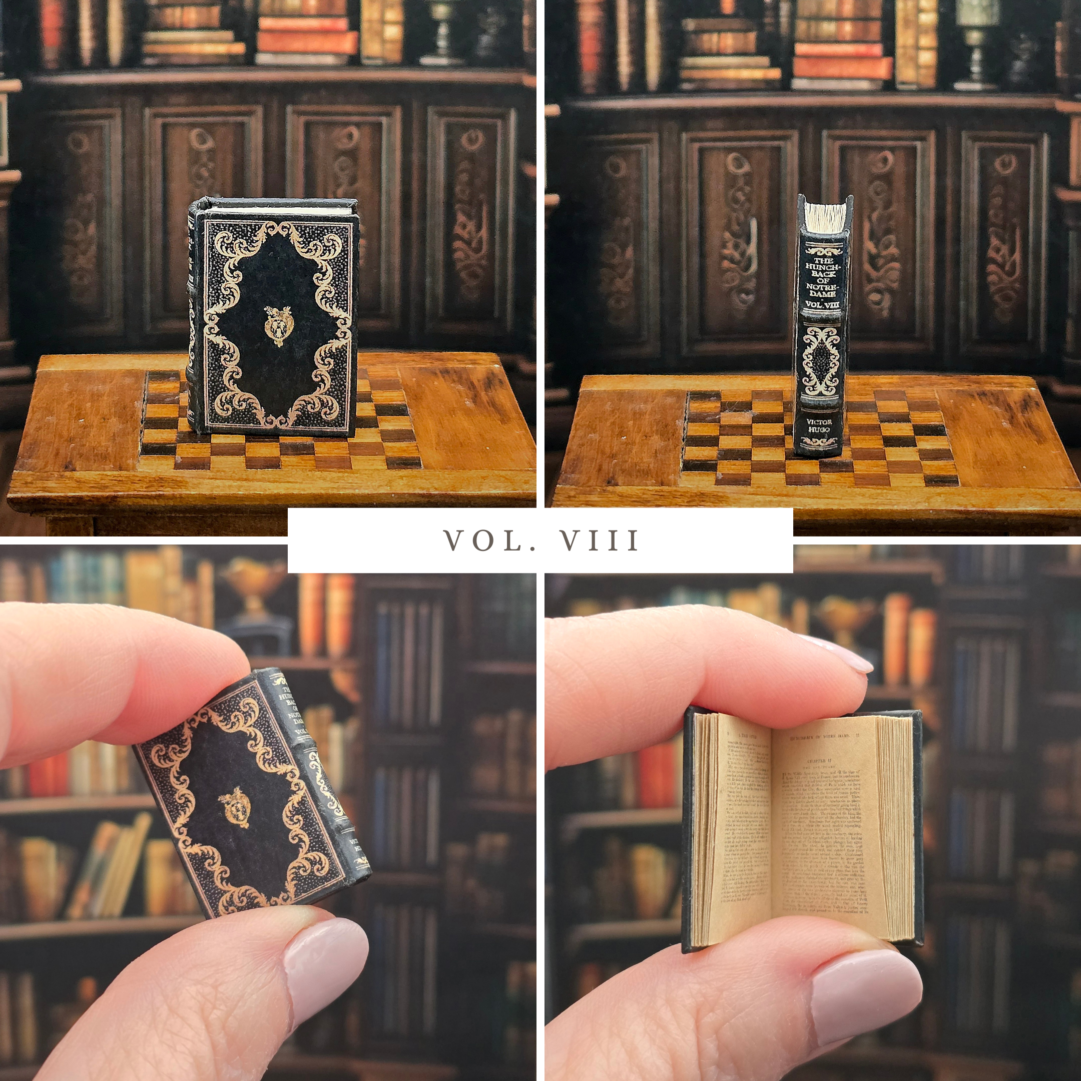 Collage of a miniature book with ornate cover and pages, held by a hand in front of a bookshelf.