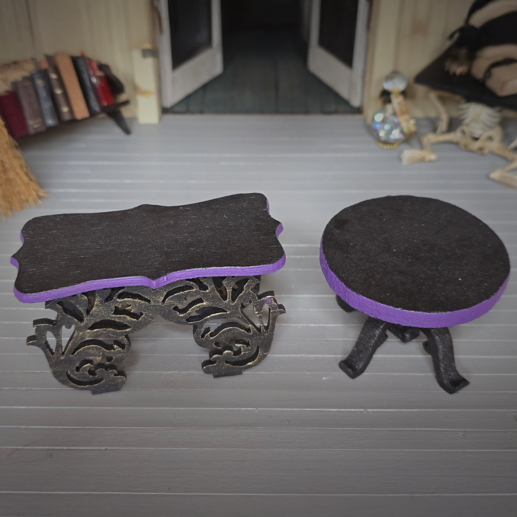 Pair of Ornate Gothic Accent Tables Carved Wood Handmade Furniture in Black & Purple