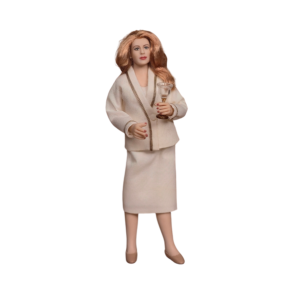 Clay Elegant Strawberry-Blonde Lady in Cream Wool Suit Artisan Doll with Wine Glass