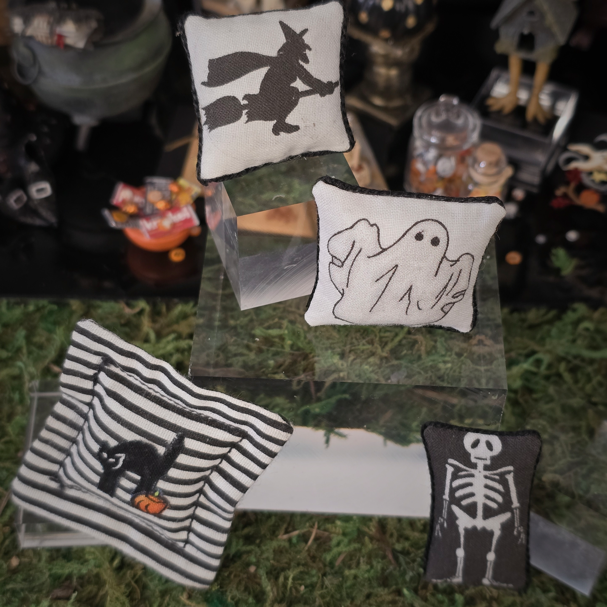Halloween Black & White Pillow Set Artisan Handmade Decorative Cushions (Set of 4)