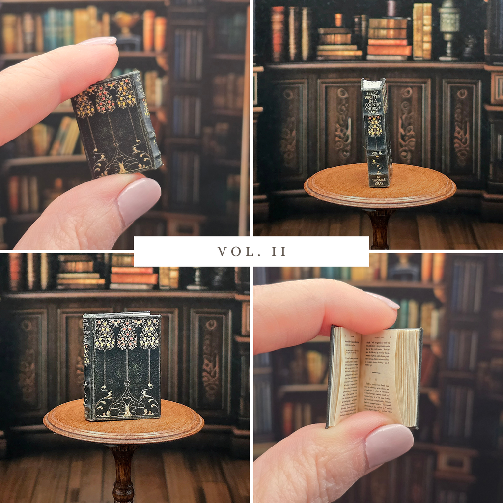 Collage of a miniature book with decorative cover and open pages held by a hand in front of a bookshelf.