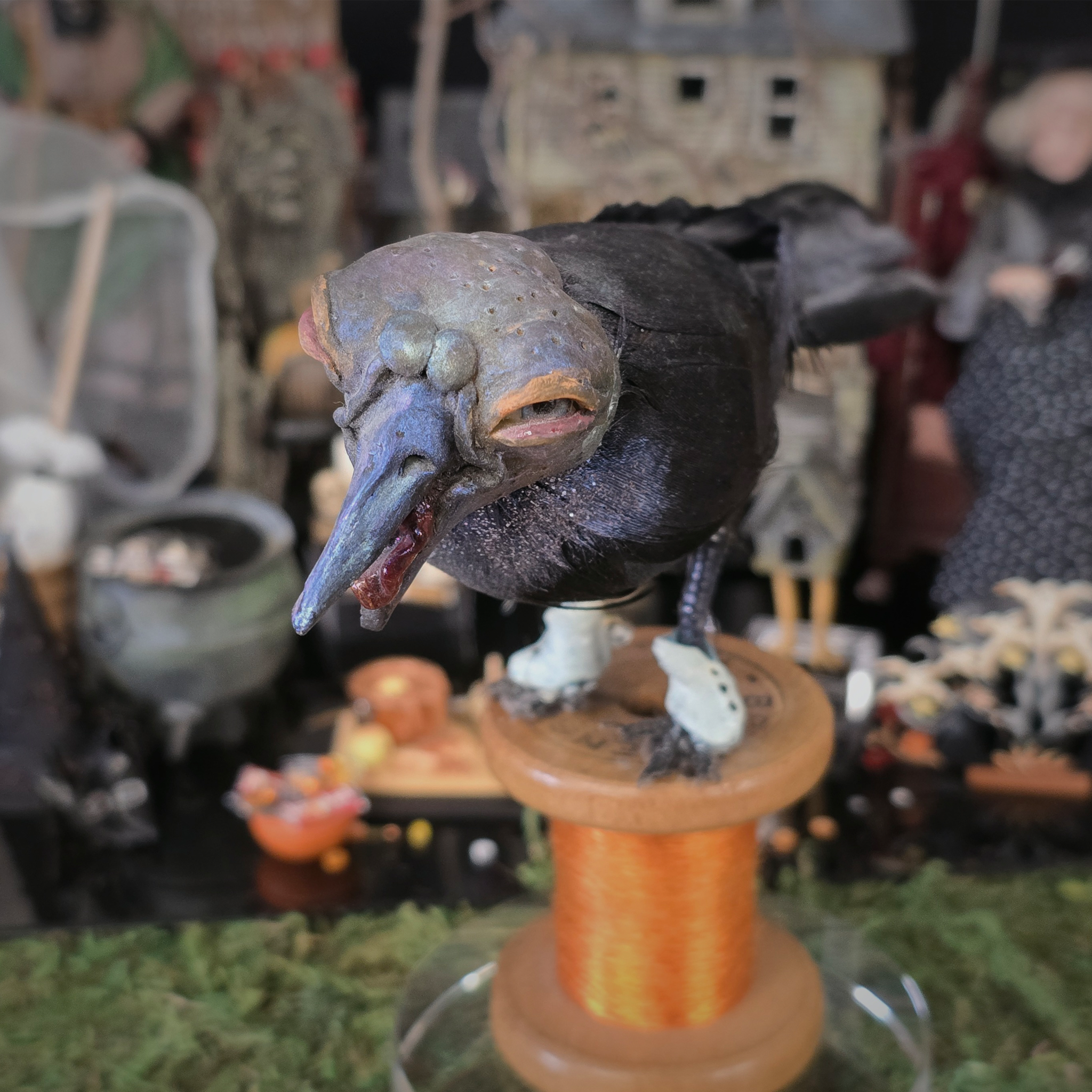Raven Crow Bird Sculpture OOAK Sculpted Halloween Art on Vintage Thread Spool, Human Face