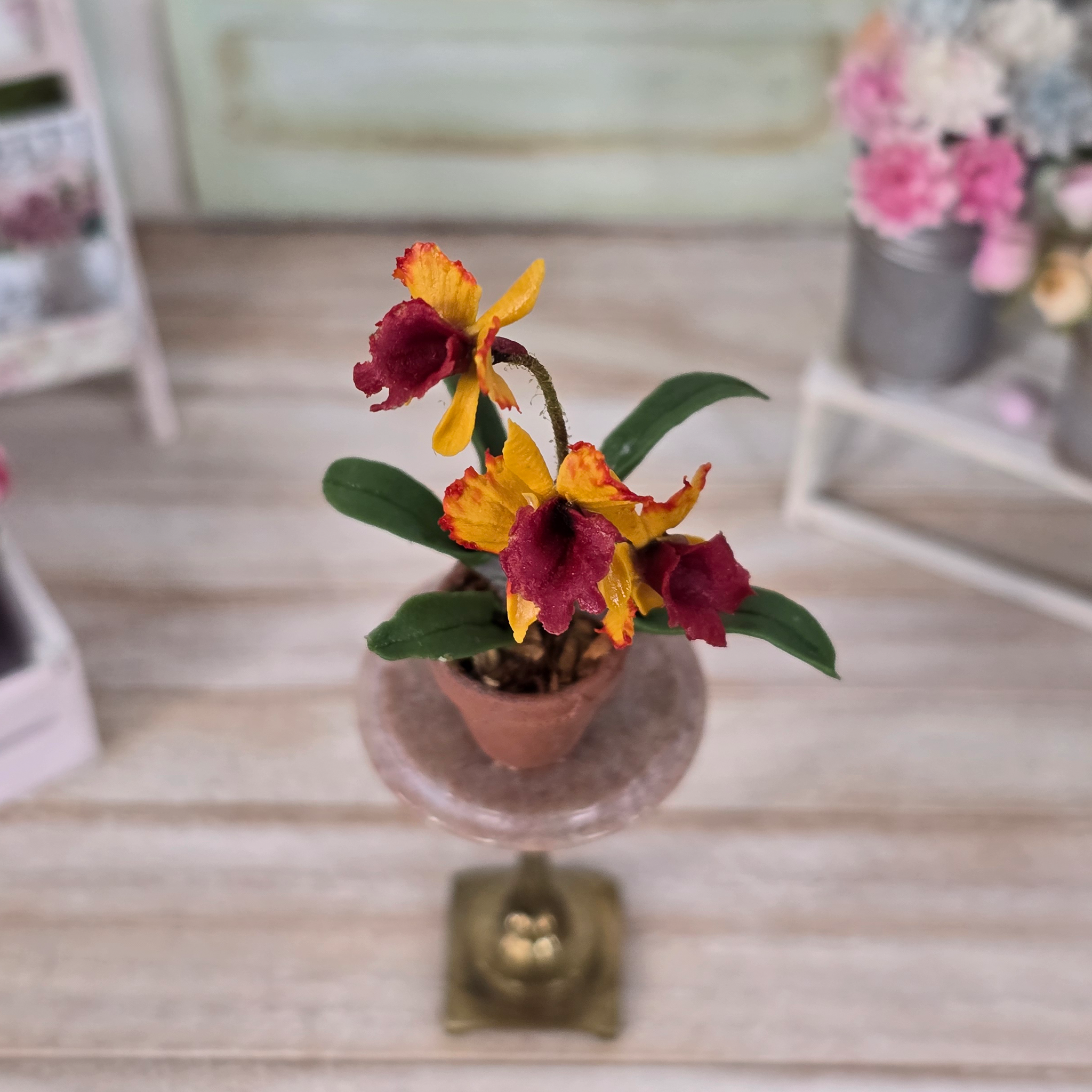 Potted Orange Orchid Hand Sculpted Clay Flowering Houseplant Vintage Artisan