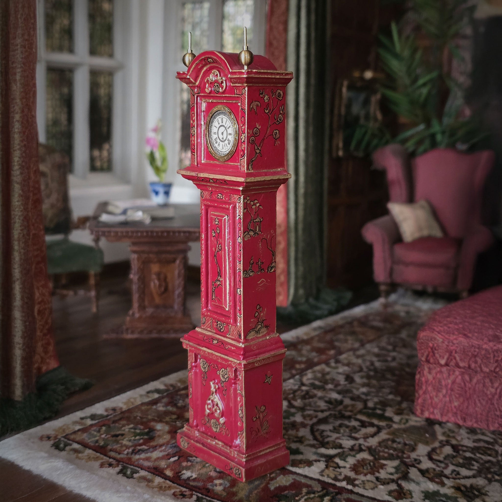 Pollie Simpson Gilt Red Hand Painted Chinese Asian Oriental Chinoiserie Grandfather Clock 1979