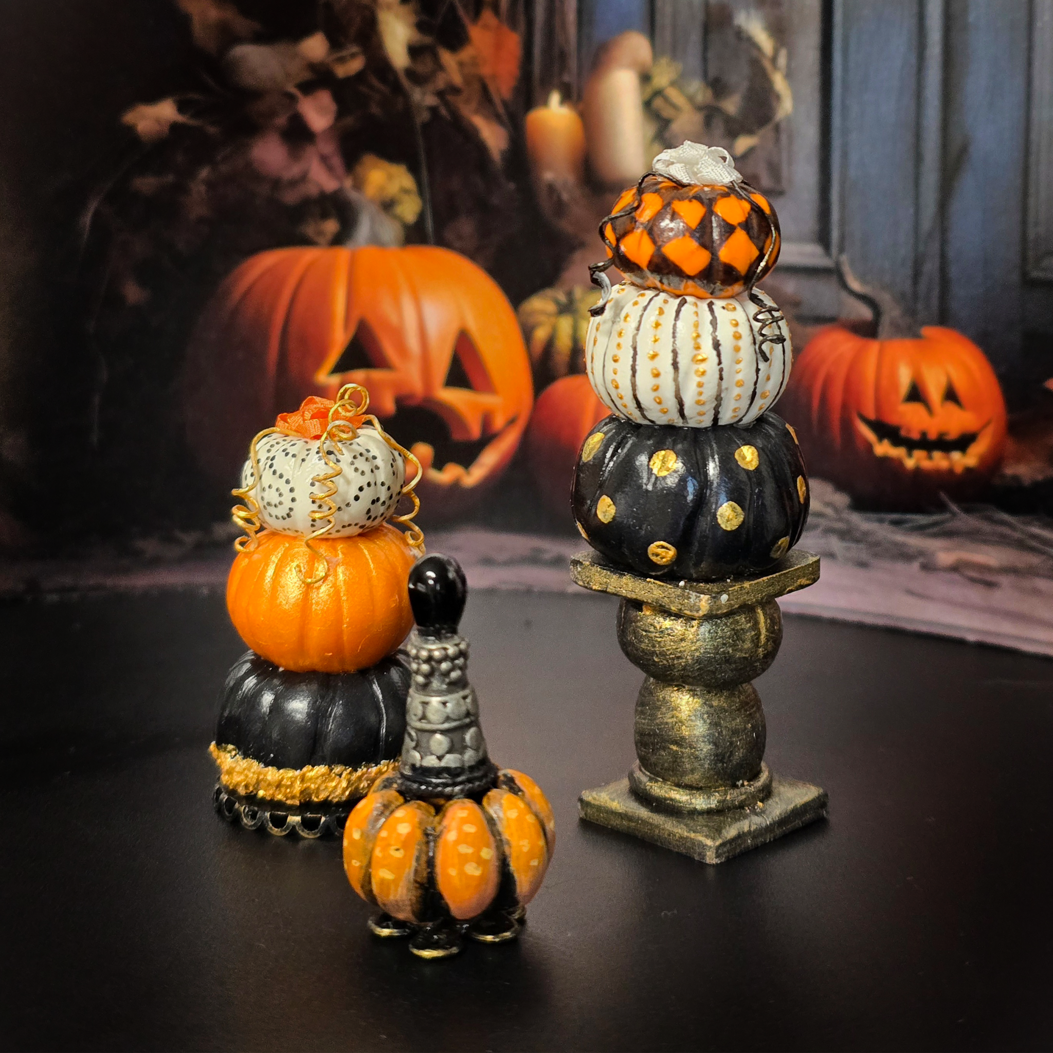 Stacked Pumpkin Trio OOAK Miniature Halloween Centerpiece Decorations with Urn & Finial