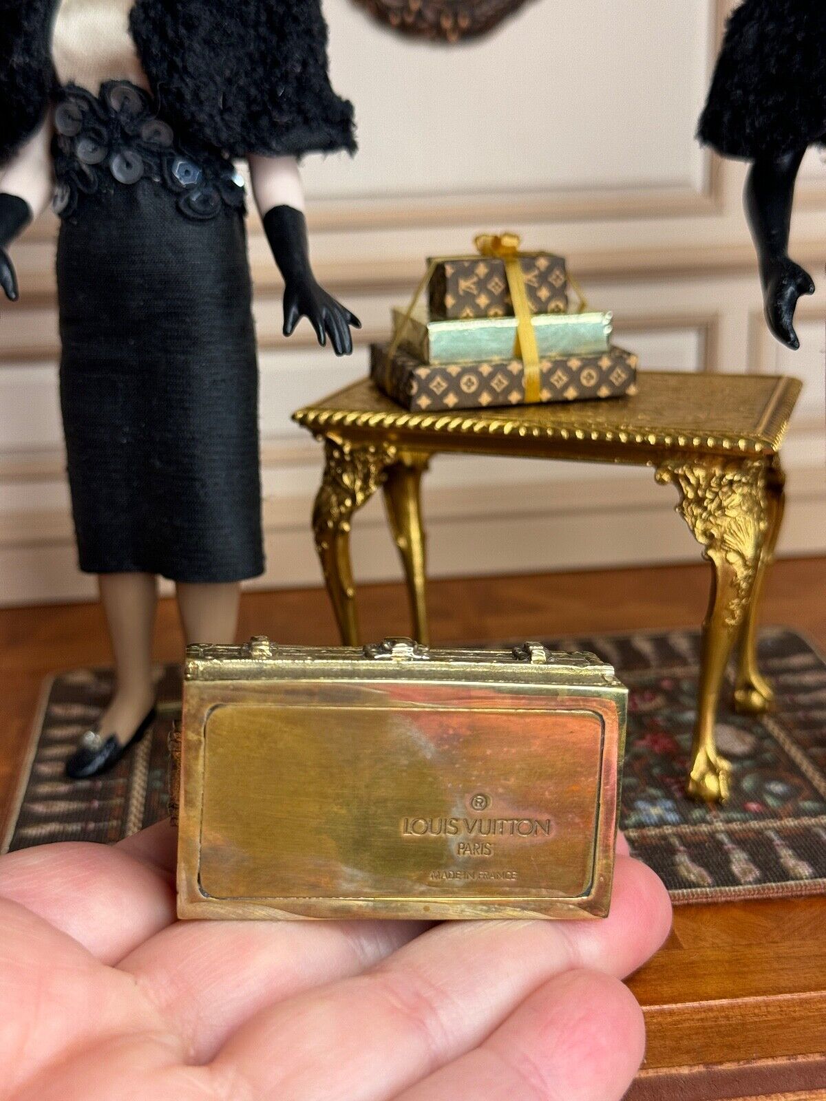 Louis Vuitton Brass Miniature Display Suitcase Trunk 1980s, underside signature
