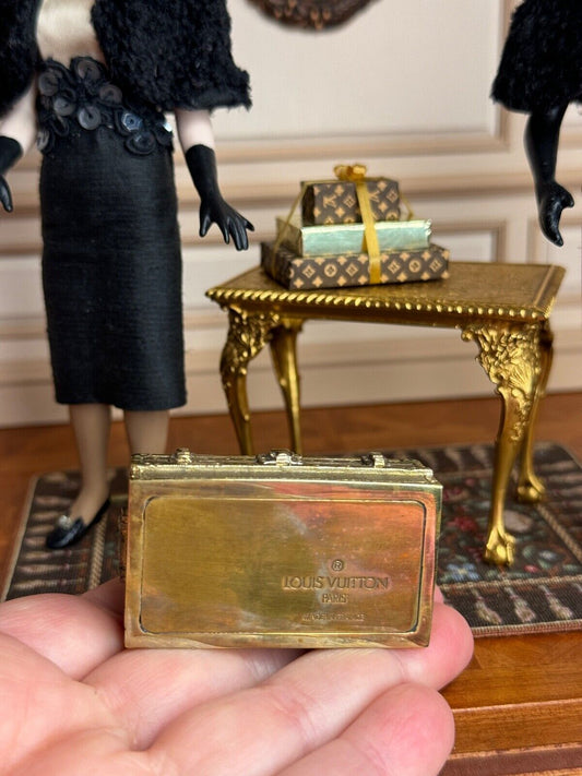 Louis Vuitton Brass Miniature Display Suitcase Trunk 1980s, underside signature