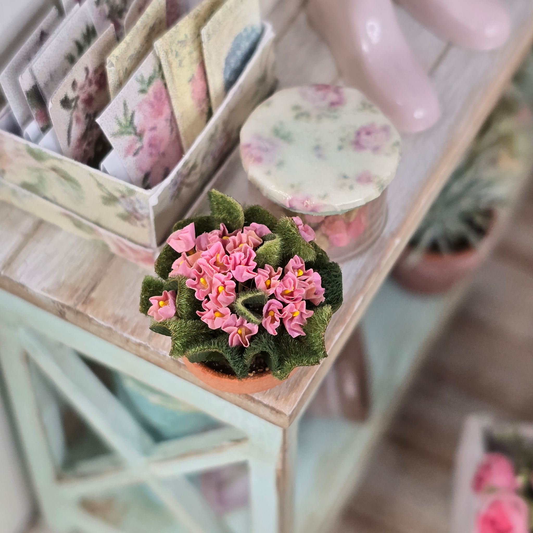 Flowering Pink African Violet Plant in Planter Pot Fuzzy Leaves Artisan Vintage
