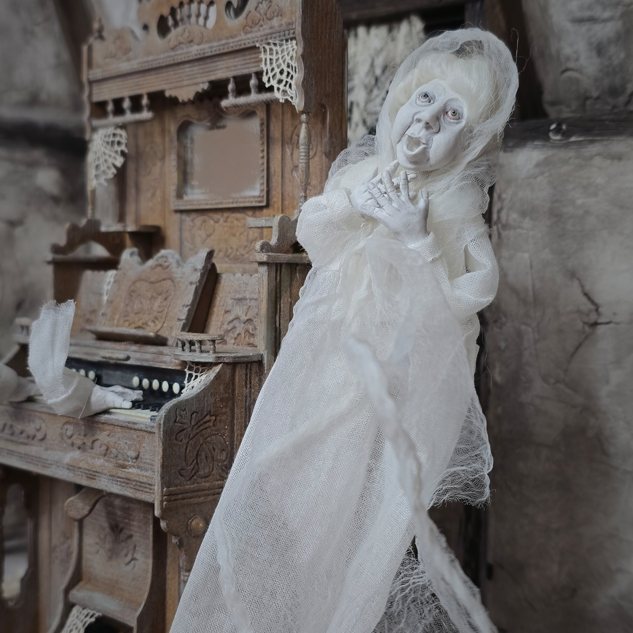 Singing Ghost Woman OOAK Haunted Miniature Lady Doll & Organ Scene by Pat Benedict