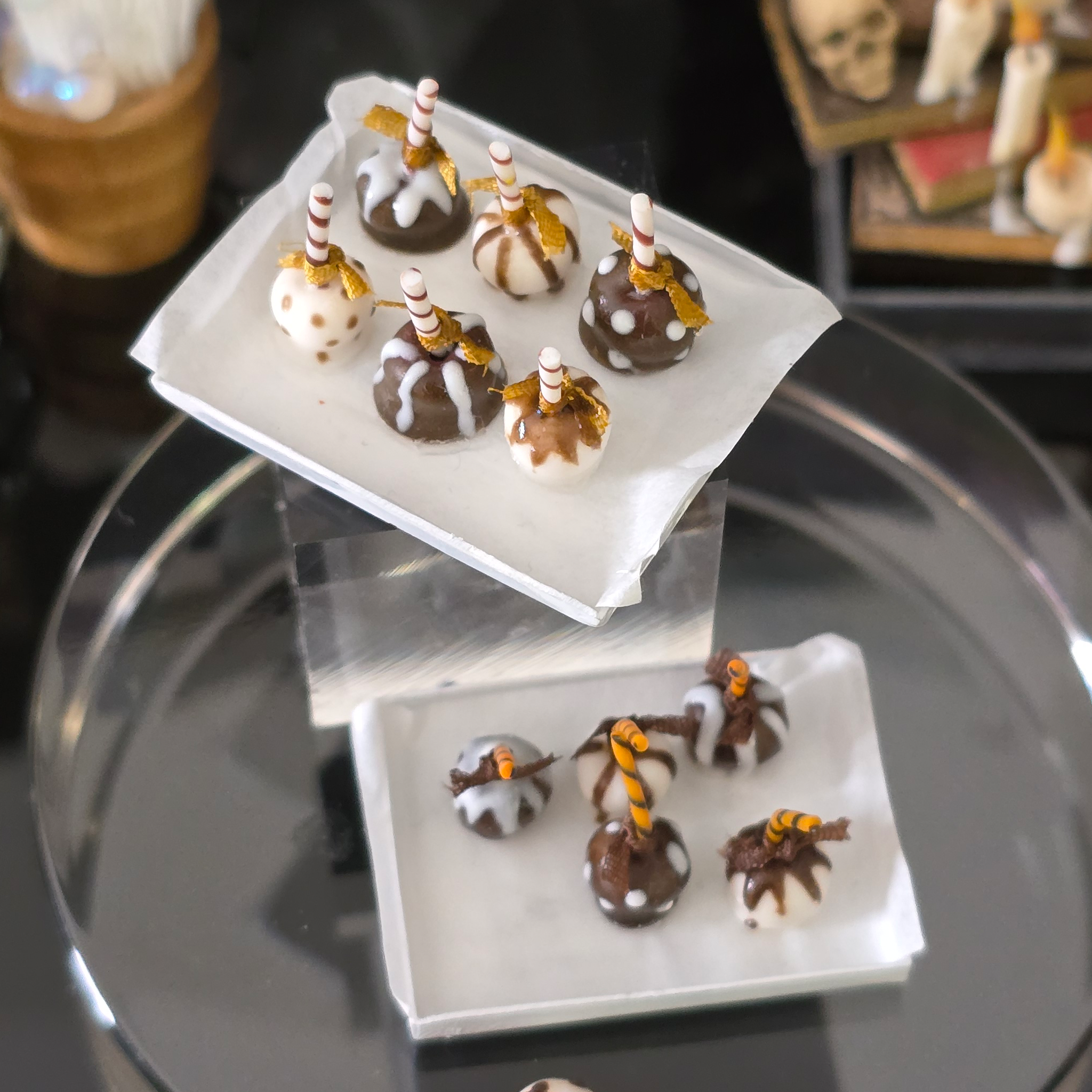 Chocolate-Covered Apples OOAK Miniature Fall Desserts on White Serving Tray Platters