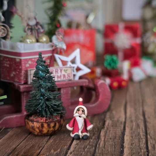 Miniature Folk Art Santa Figurine – Short & Stout in a festive room