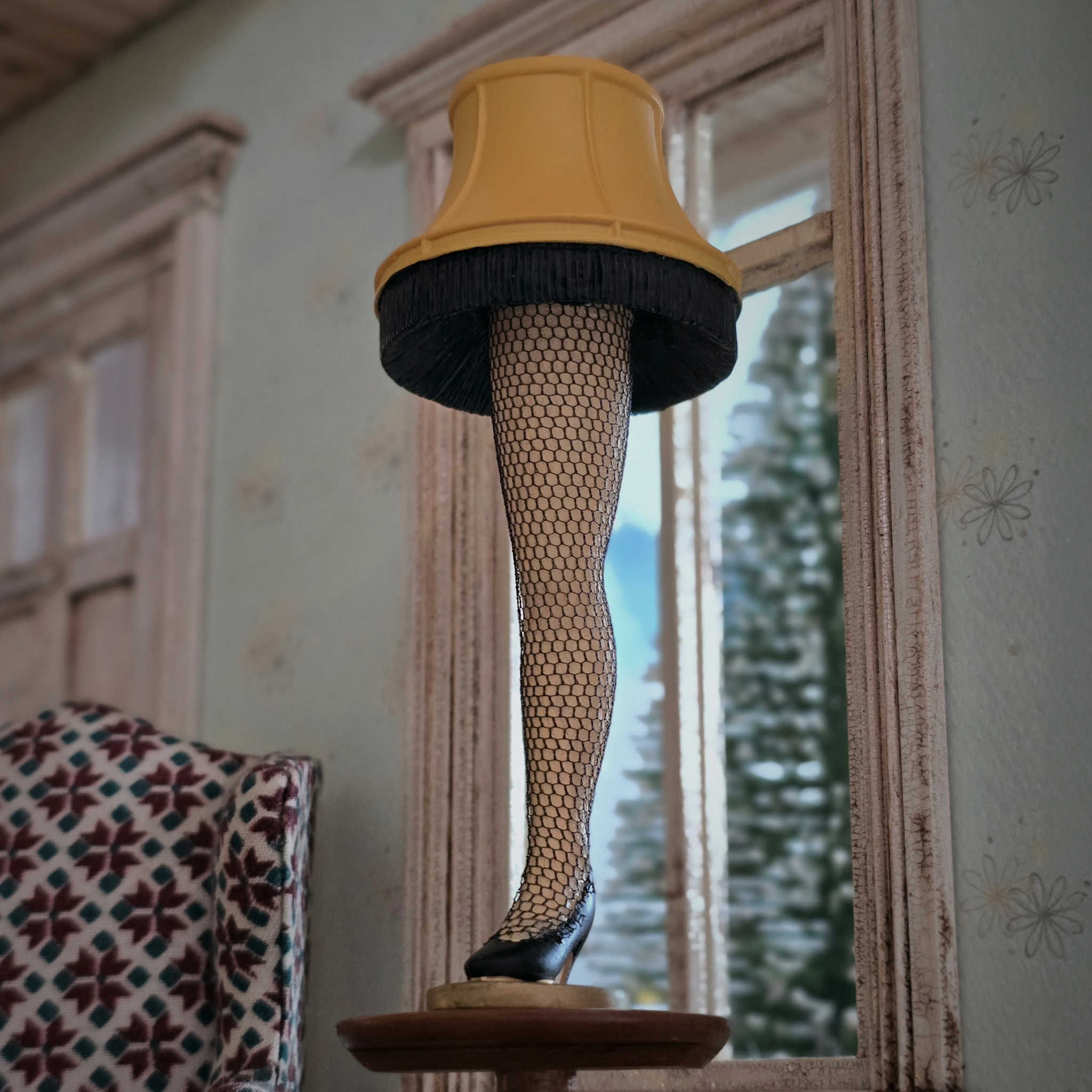 Miniature Leg Lamp – A Christmas Story Replica, side view, on a small accent table