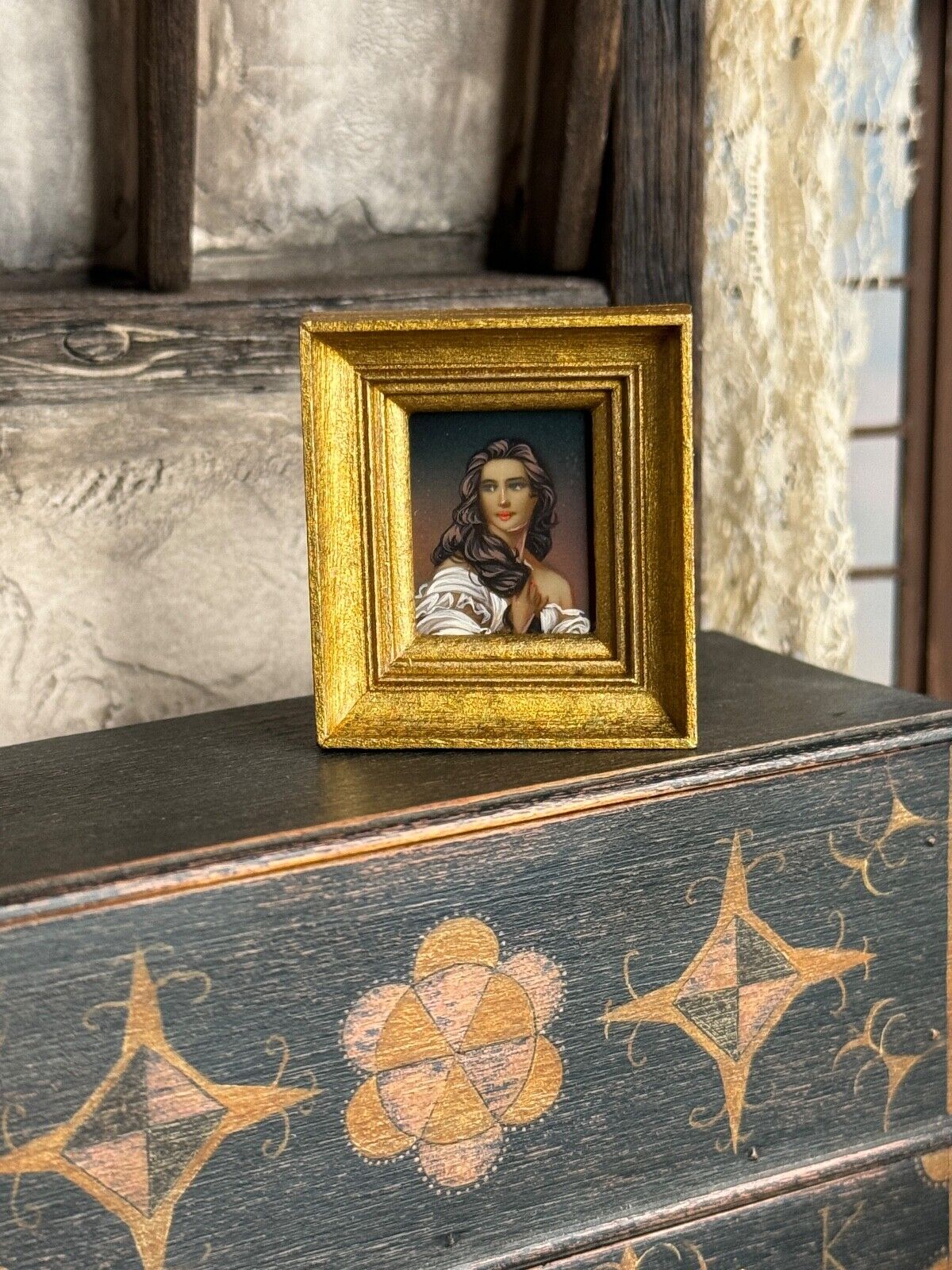 Dollhouse Mystery Artisan Framed Oil Painting Portrait of a Lady, on sideboard