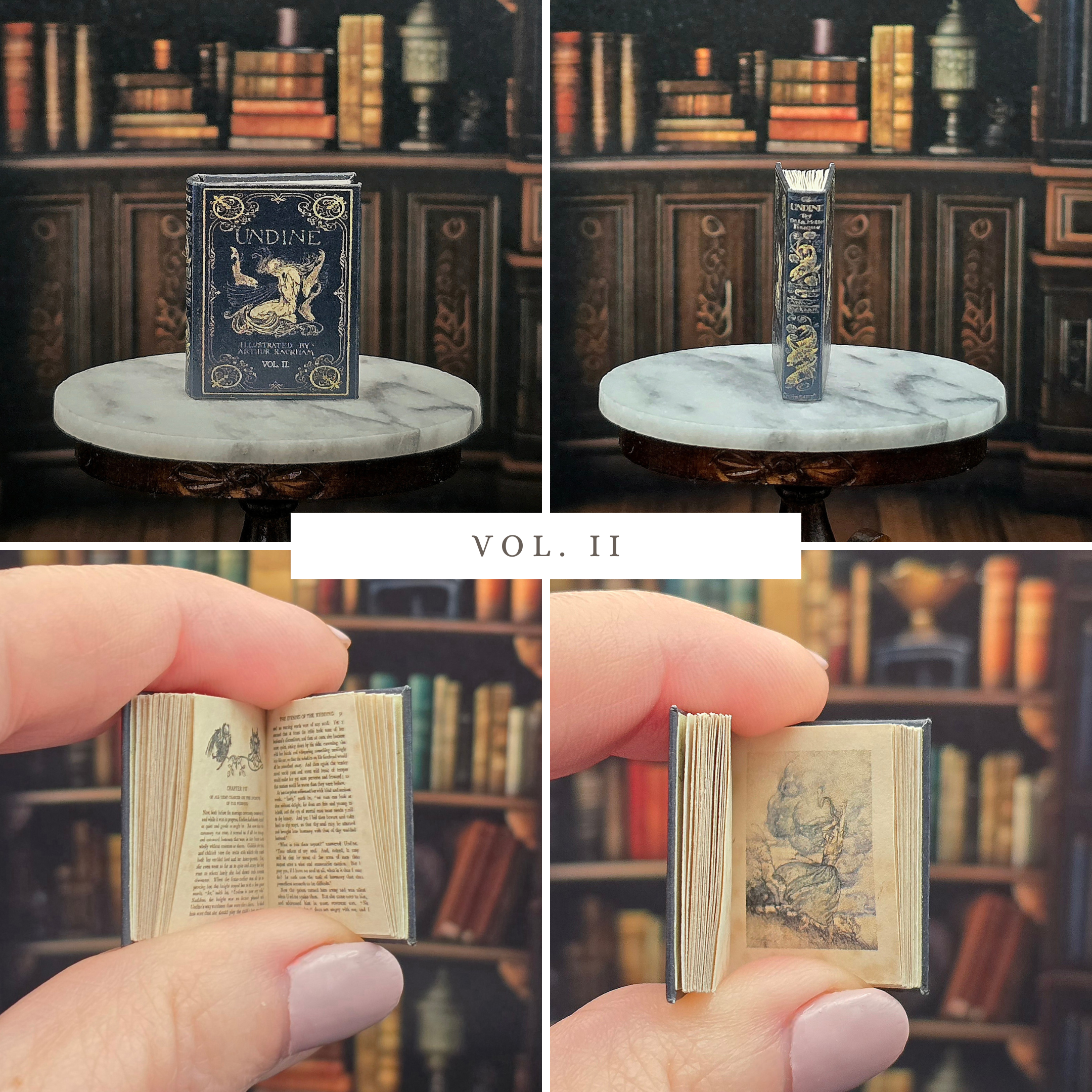 Collage of a miniature book with detailed cover and interior pages, held in front of a bookshelf background.