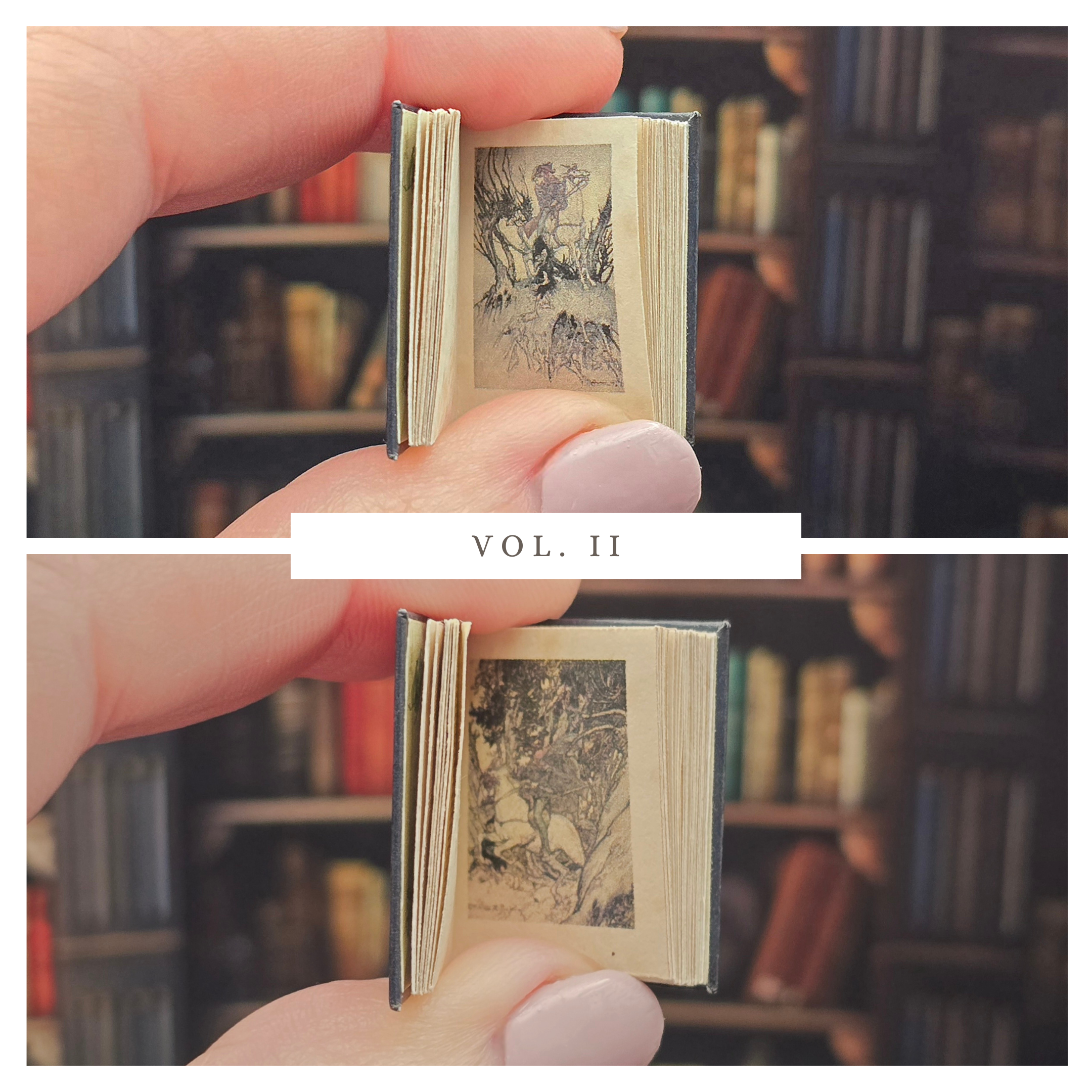 Miniature book held between fingers with a blurred bookshelf background