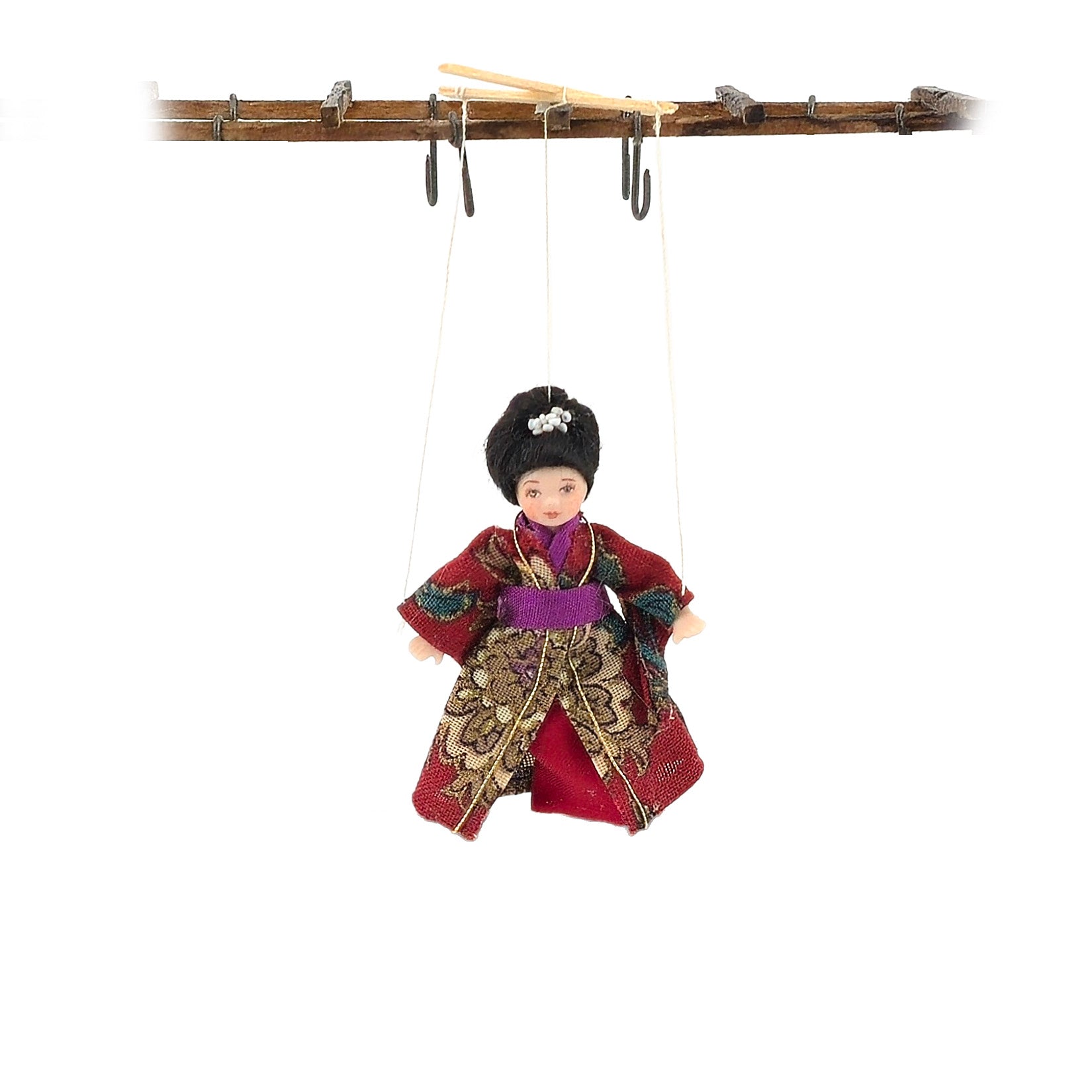 Japanese Geisha in Red Kimono Marionette Puppet Doll by Loretta Kasza