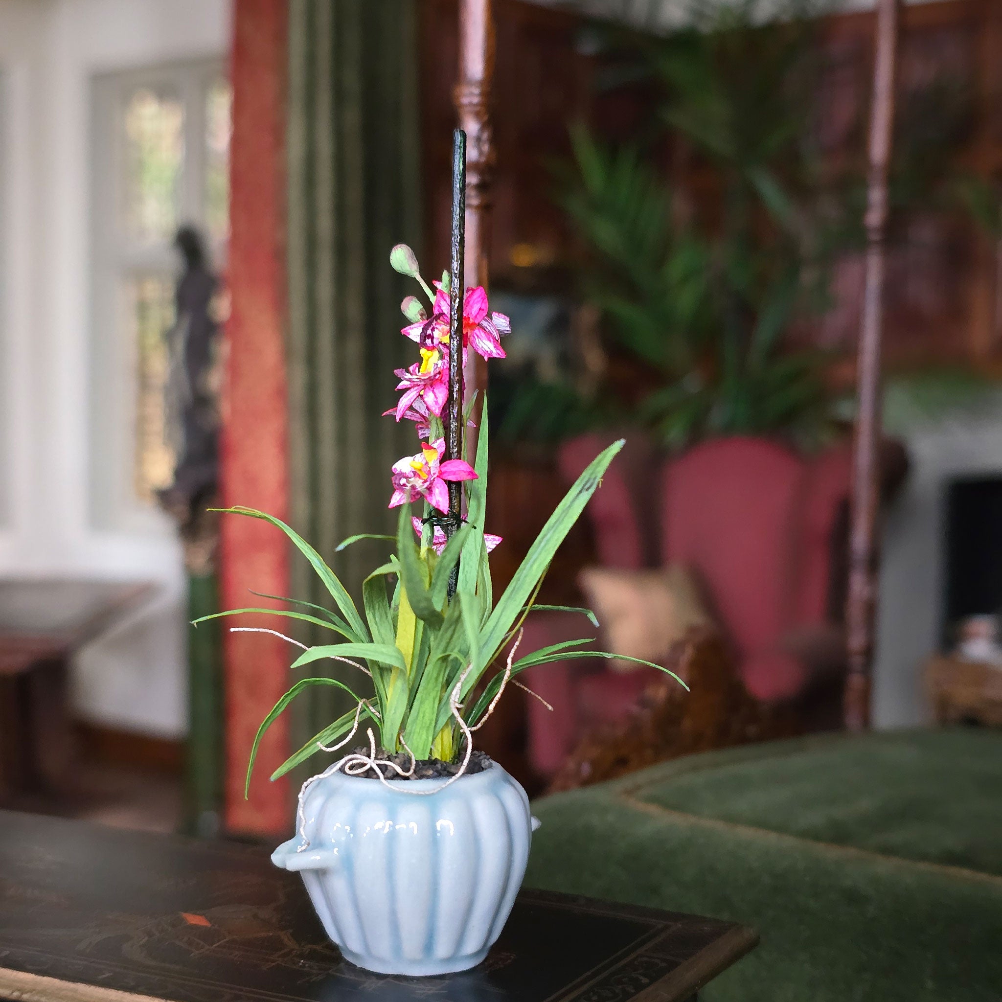 Potted plant with pink flowers on a table in a room with blurred background