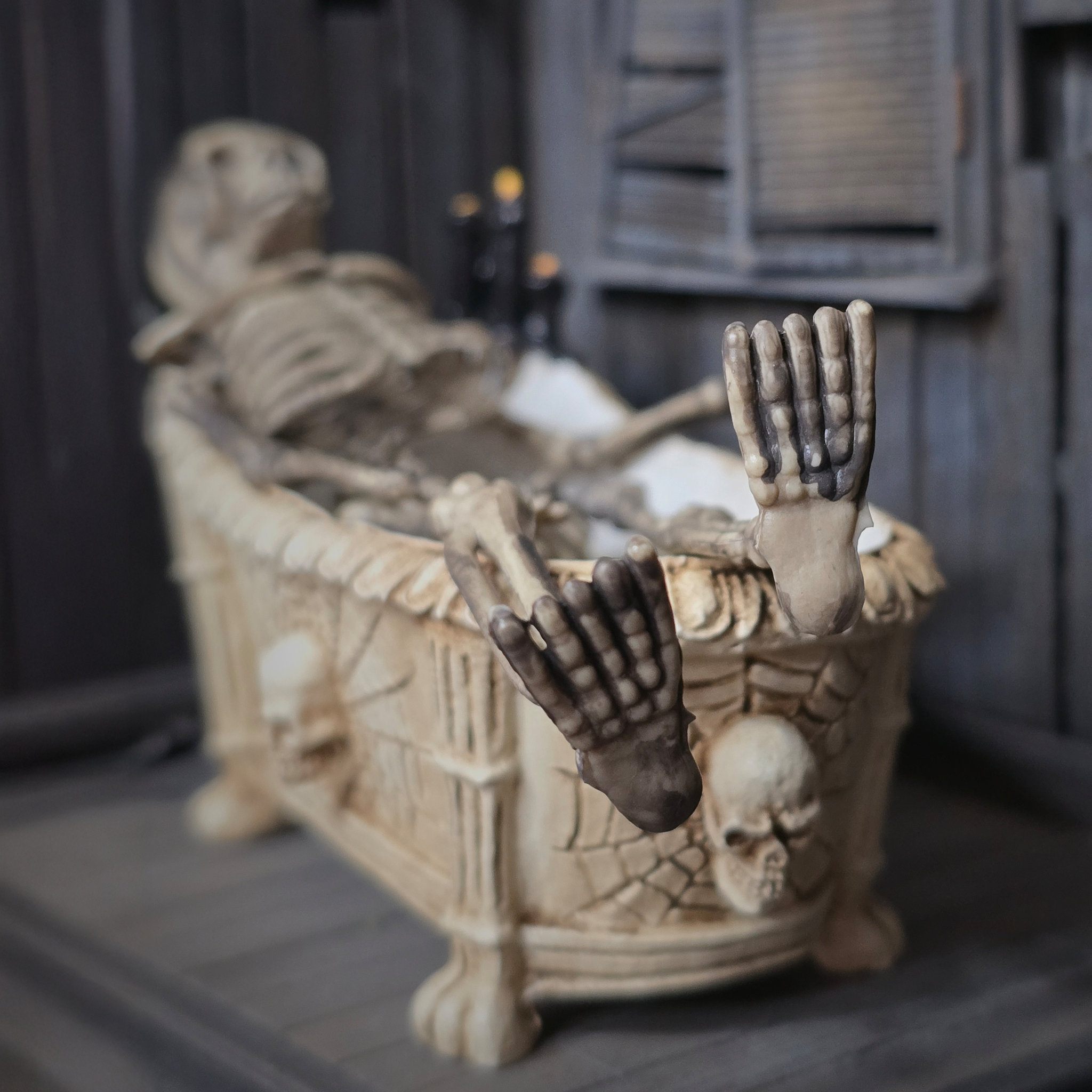 Clay Halloween Clawfoot Bathtub OOAK Miniature with Skeleton, Skulls & Candles