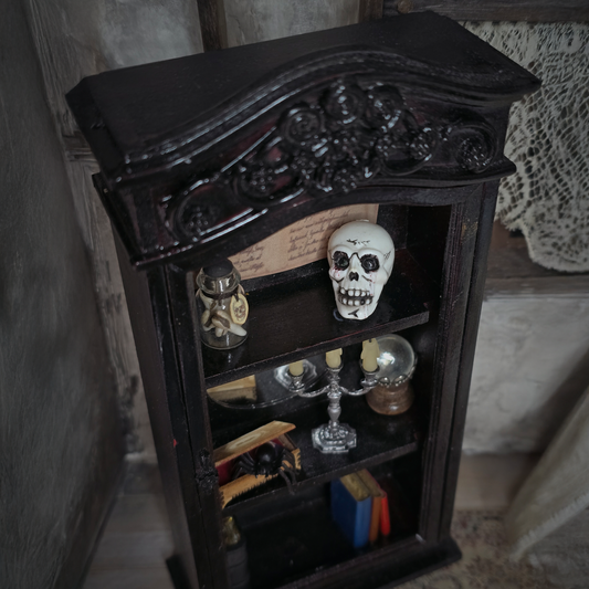 Dressed Wooden Halloween Spooky Bookcase Diorama Miniature Haunted Cabinet with Magical Contents