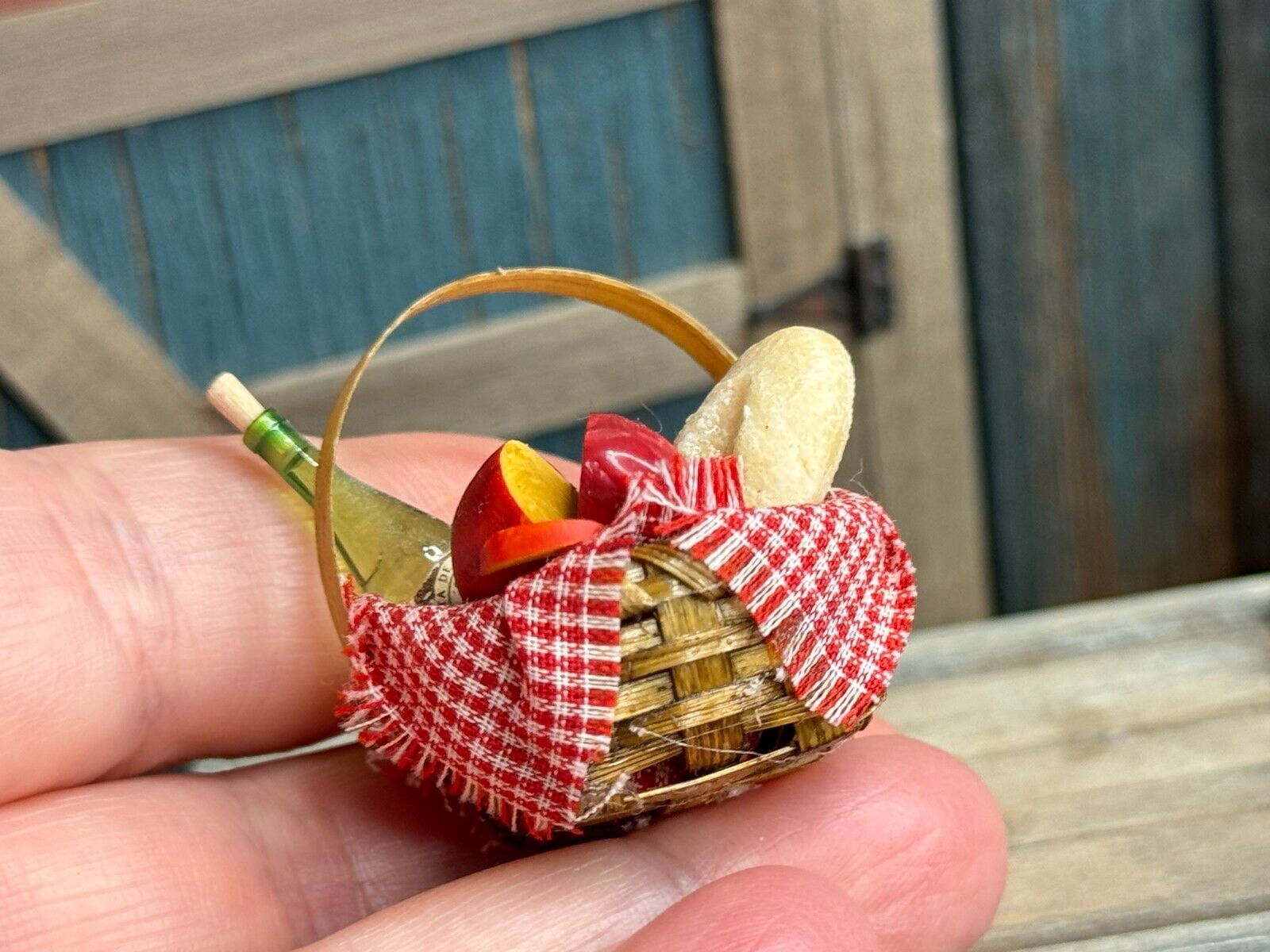 Vintage Miniature Artisan Dollhouse Wine, Cheese & Bread Picnic Basket Diorama, detail view