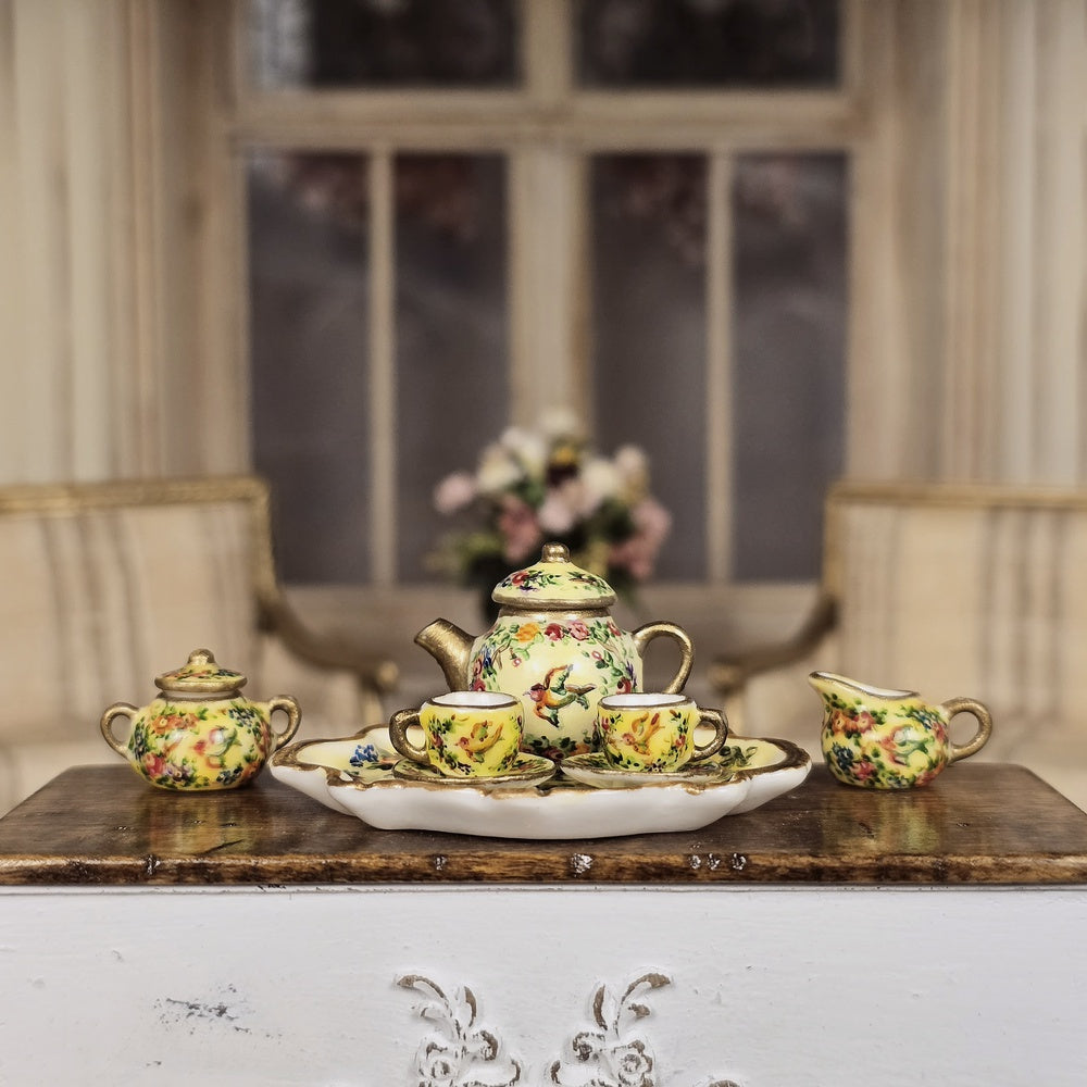 Exquisite OOAK Yellow Chintz Bird Porcelain Tea Service Dollhouse Miniature Set