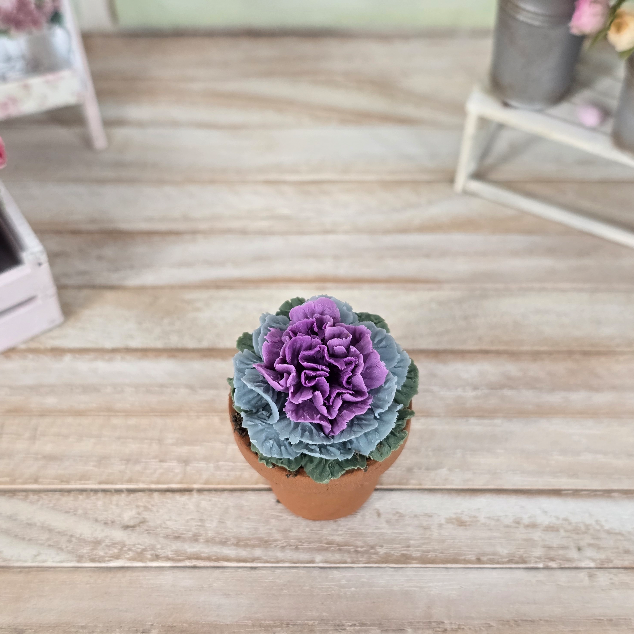 Potted Purple Realistic Ornamental Cabbage Hand Sculpted Clay Flowering Plant Signed