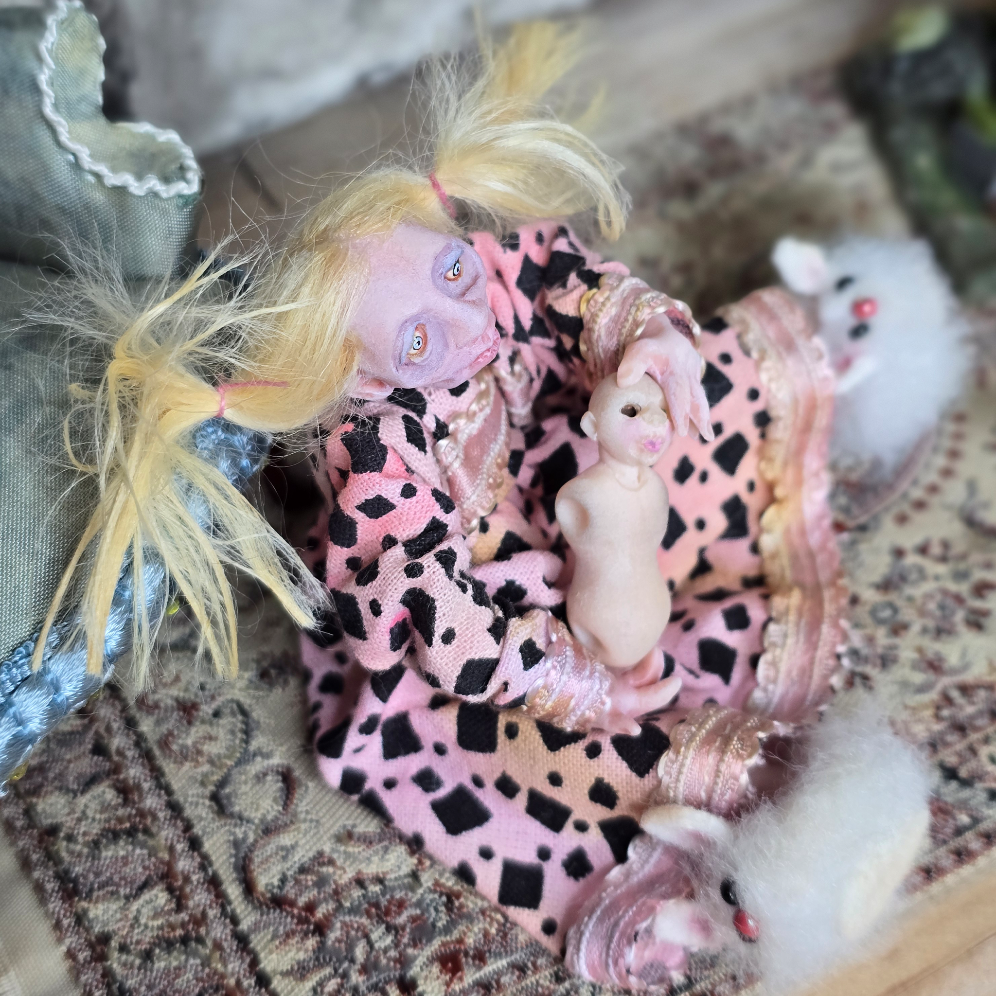 Creepy Seated Clay Little Girl Child Doll OOAK Vintage Hand Sculpted Dollhouse Miniature