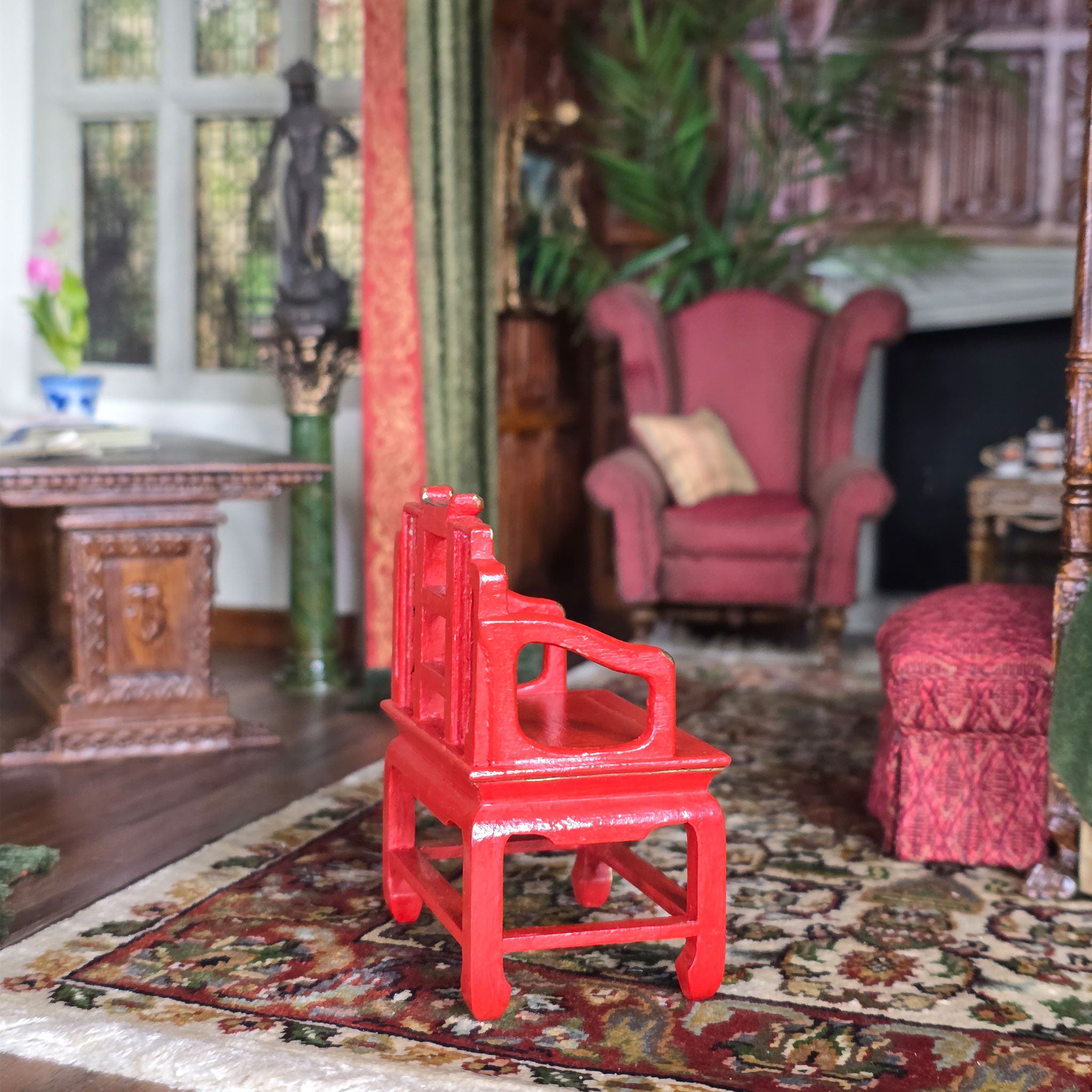 SIGNED Gilt Red Lacquer Chinese Asian Hand Carved Wood Arm Chair (A)