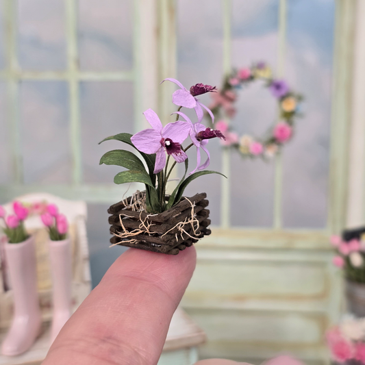 Handcrafted Purple Orchid Flowers in Rustic Basket Planter Vintage Artisan