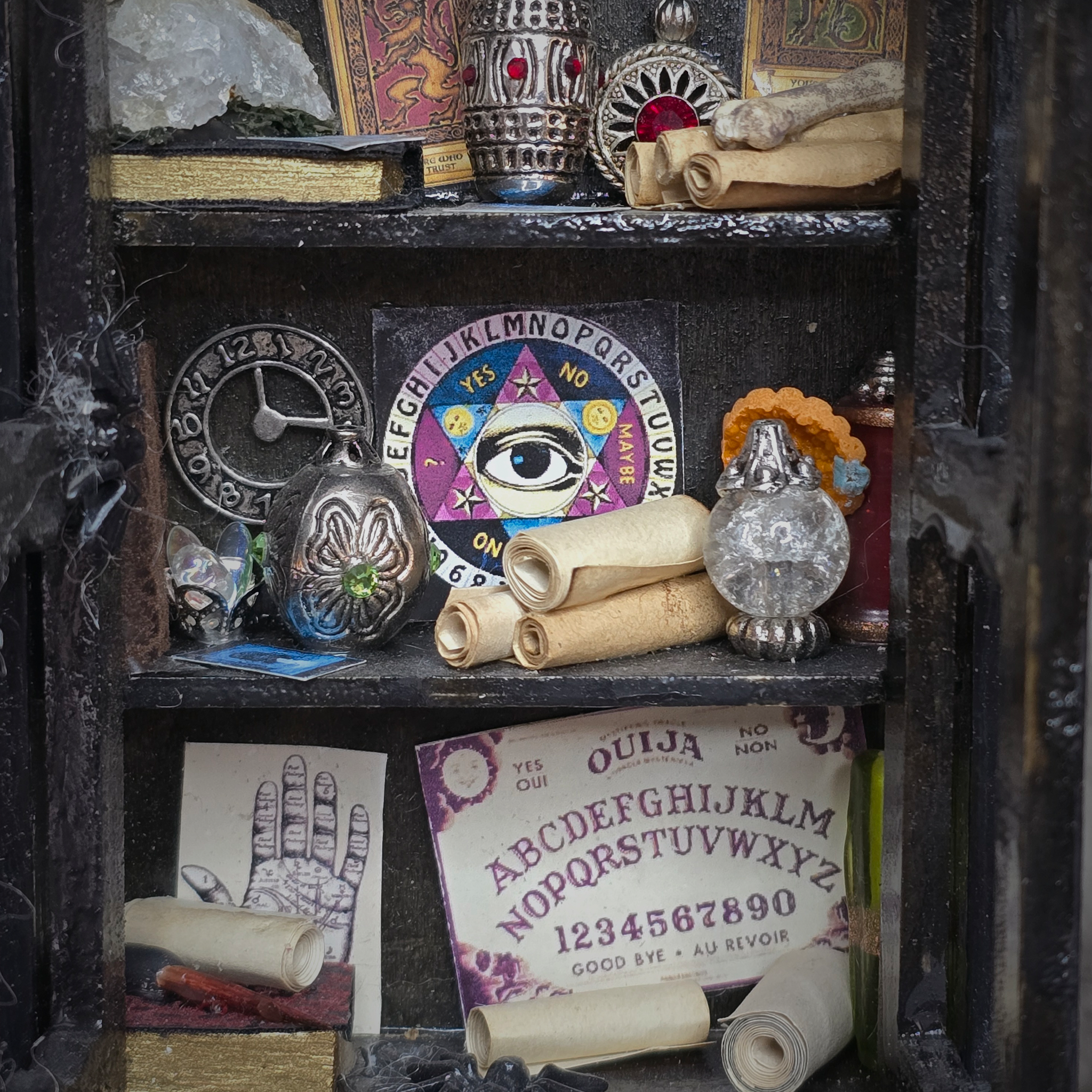 Black Wooden Halloween Curio Cabinet OOAK Miniature with Magical Contents & Gargoyle