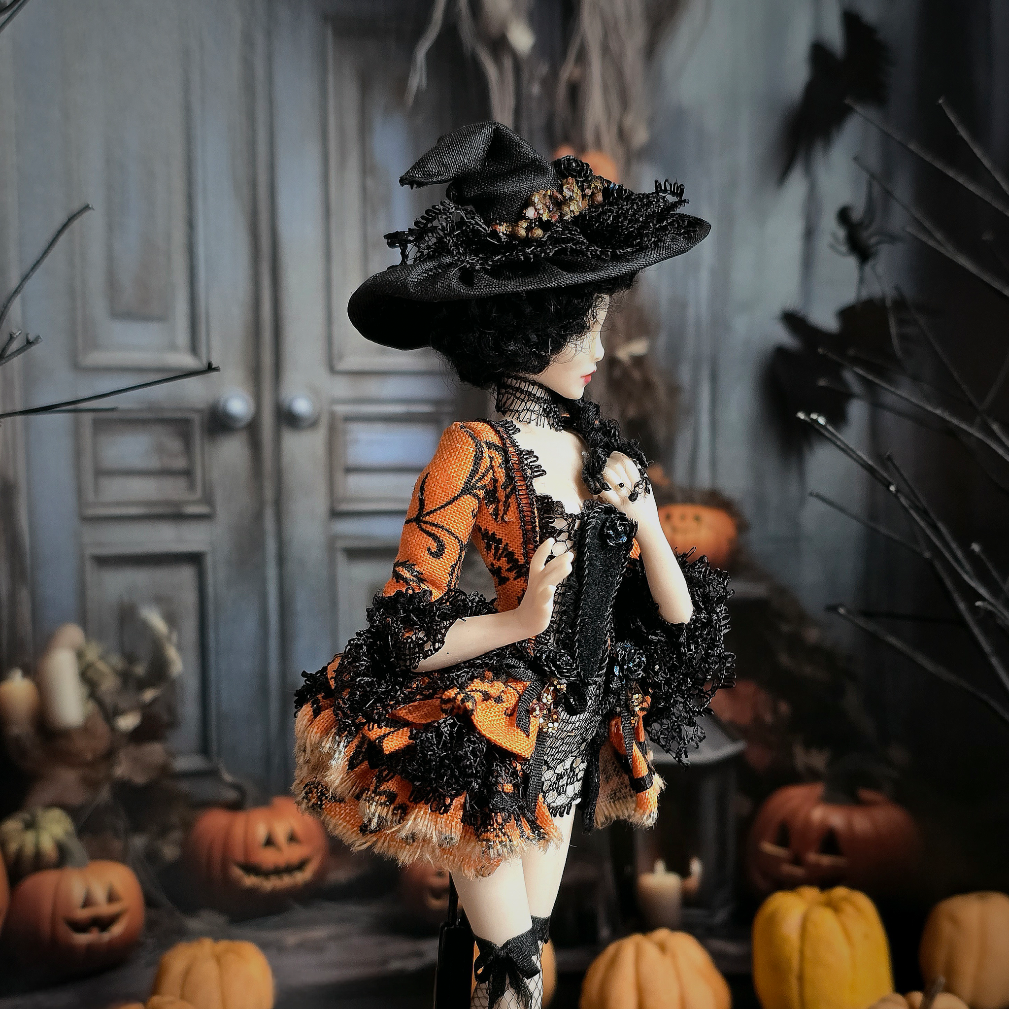 Halloween Witch One-of-a-Kind Porcelain Doll by Dana Burton for Magpie Miniatures