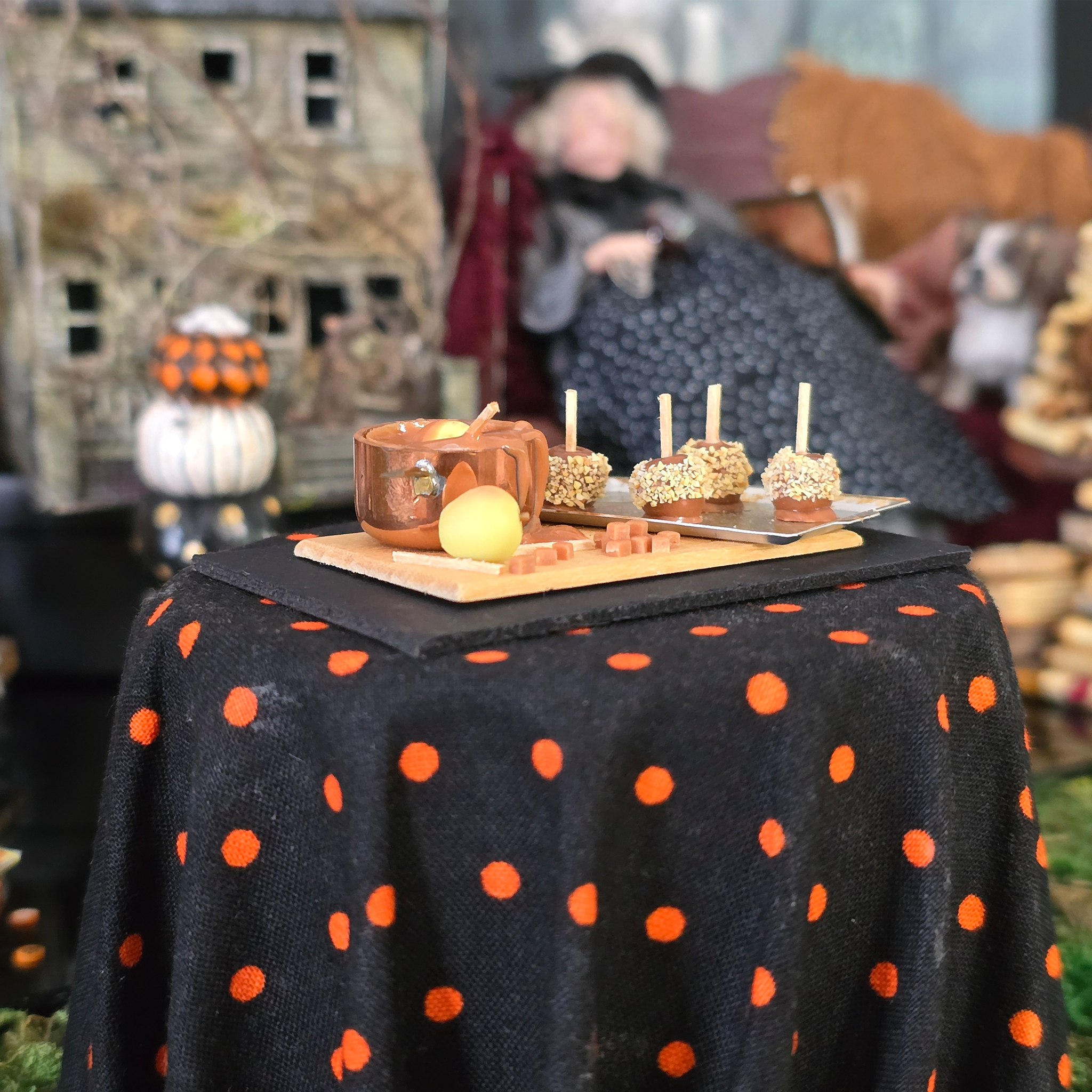 Seasonal Halloween Fall OOAK Sculpted Clay Baking Board Diorama Caramel Apple Making