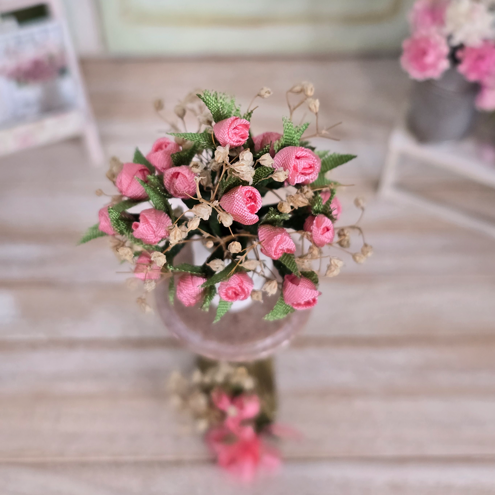 Arlene Bellinger Romantic Pink Rose Bouquet in Bisque Vase & Matching Men's Boutonniere