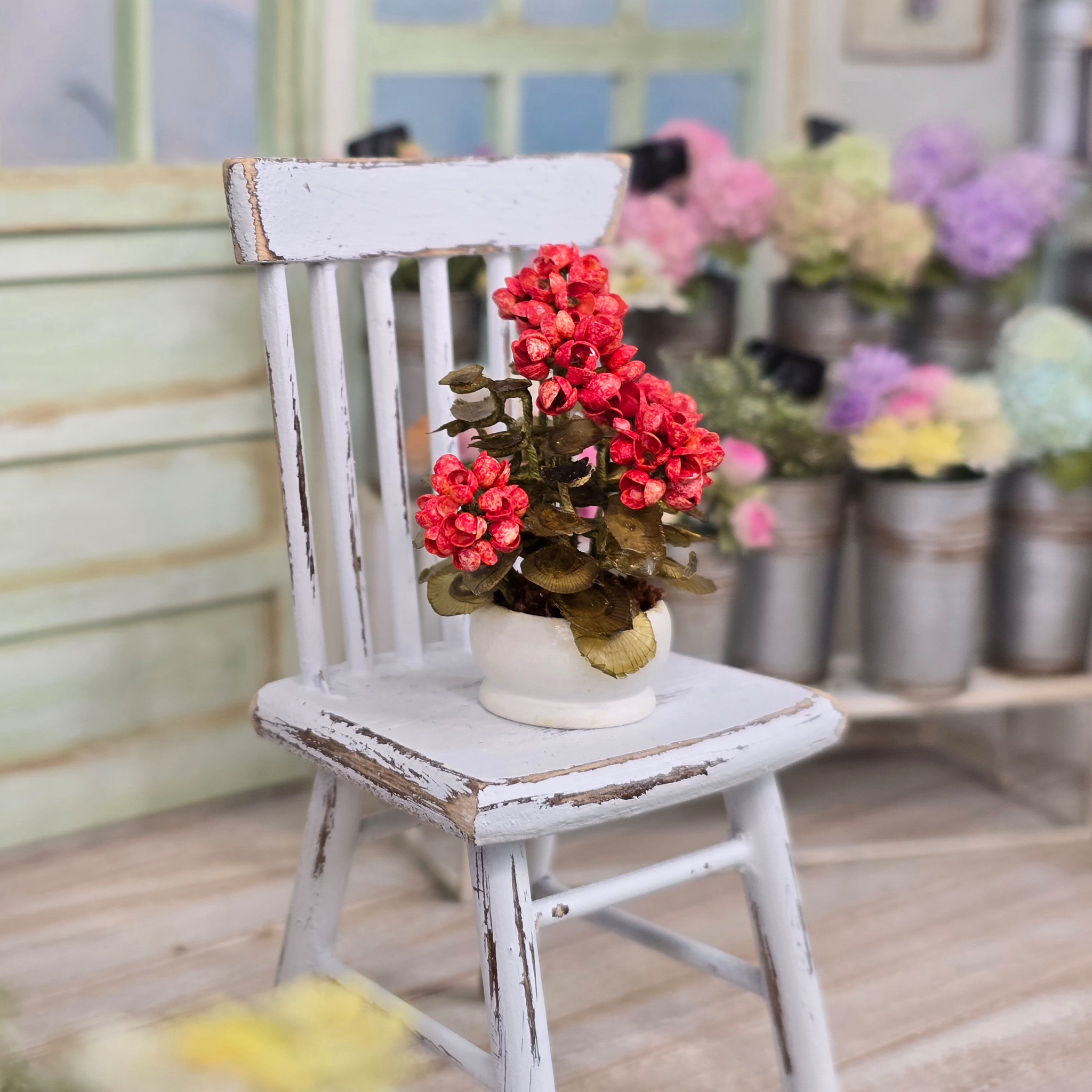 Potted Orange Geranium Plant Seashell Floral Arrangement Artisan Signed