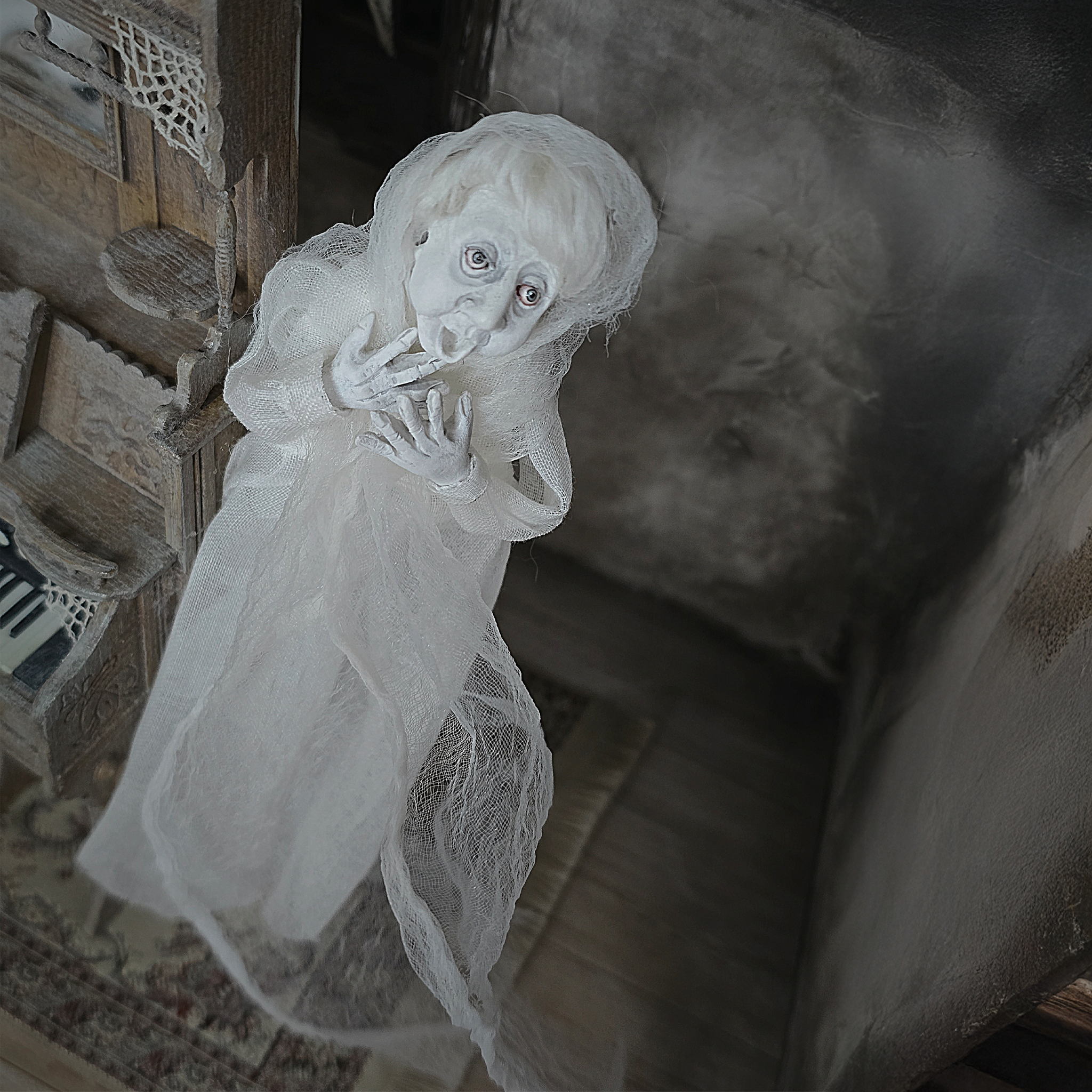 Singing Ghost Woman OOAK Haunted Miniature Lady Doll & Organ Scene by Pat Benedict