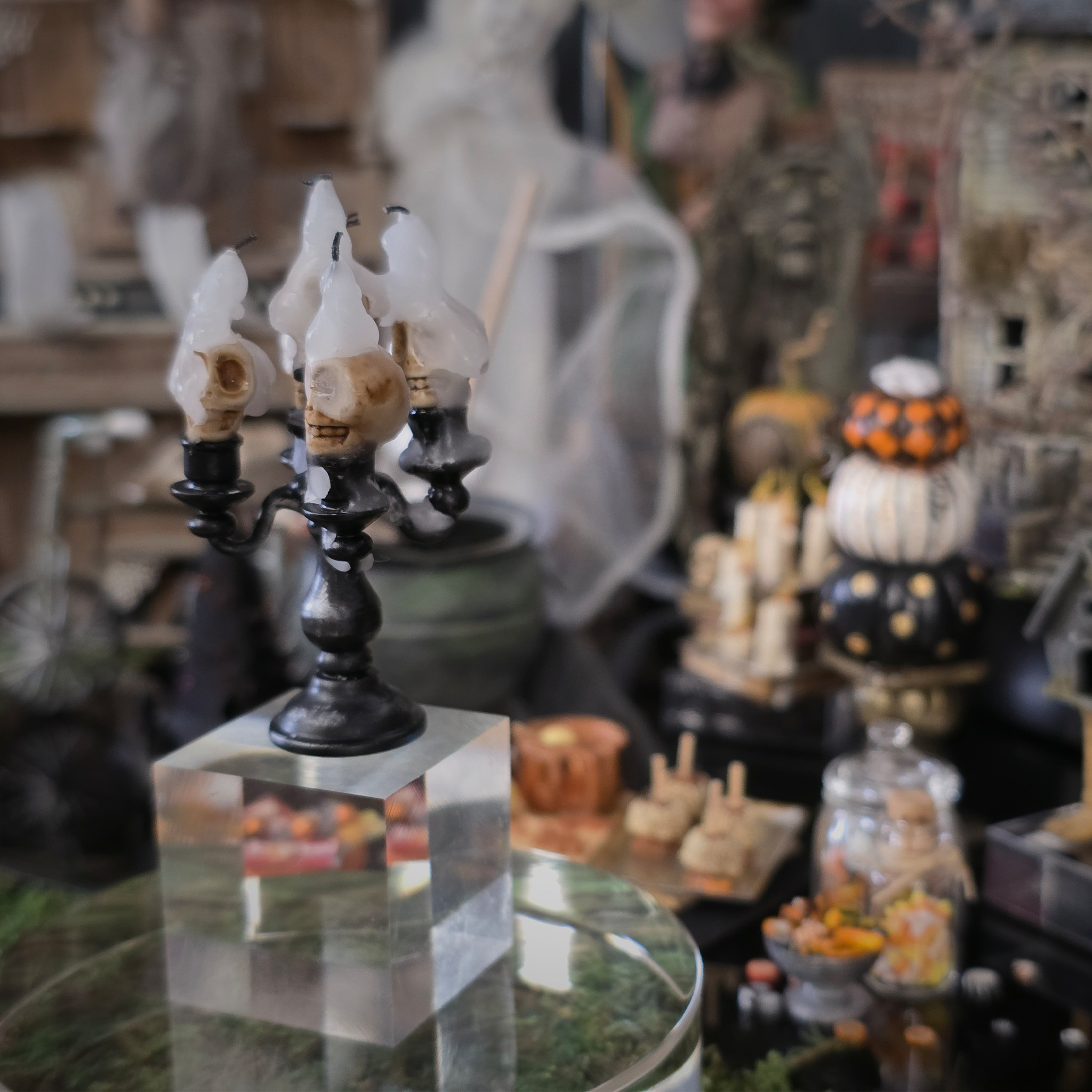 Five-Arm Skull Candelabra OOAK Metal Miniature with Distressed Black Finish & Dripping Wax